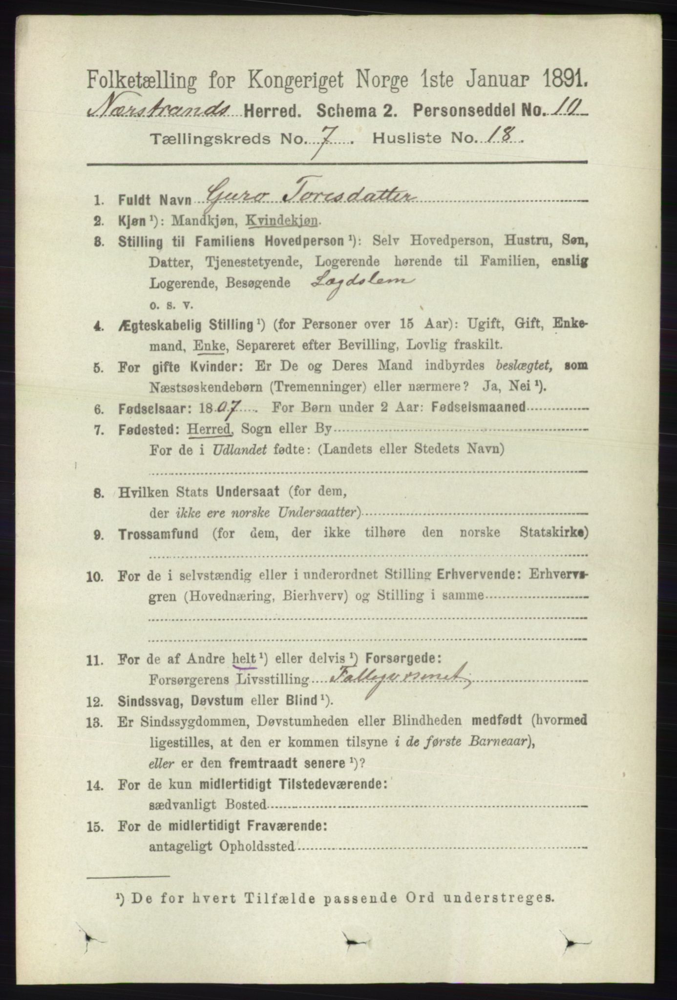 RA, 1891 census for 1139 Nedstrand, 1891, p. 1283