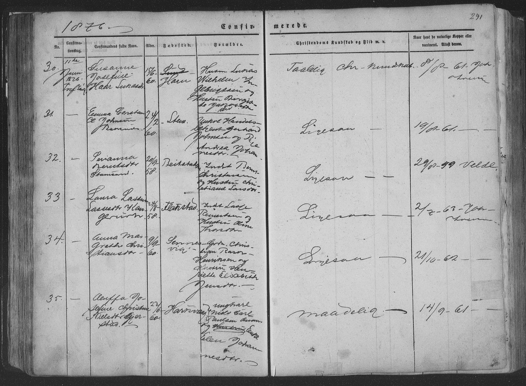 Ministerialprotokoller, klokkerbøker og fødselsregistre - Nordland, AV/SAT-A-1459/881/L1165: Parish register (copy) no. 881C02, 1854-1876, p. 241