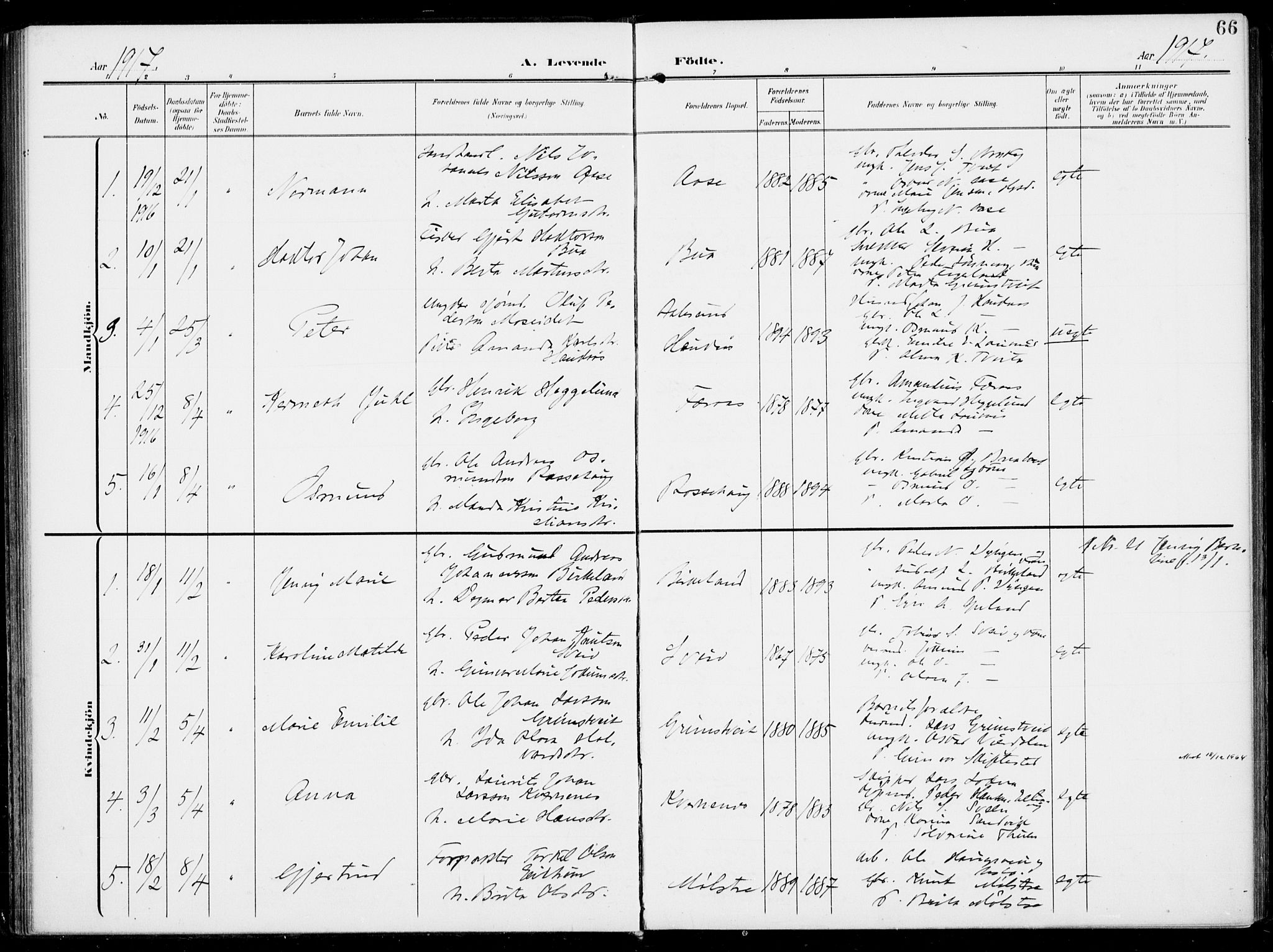 Sveio Sokneprestembete, SAB/A-78501/H/Haa: Parish register (official) no. B  4, 1906-1919, p. 66