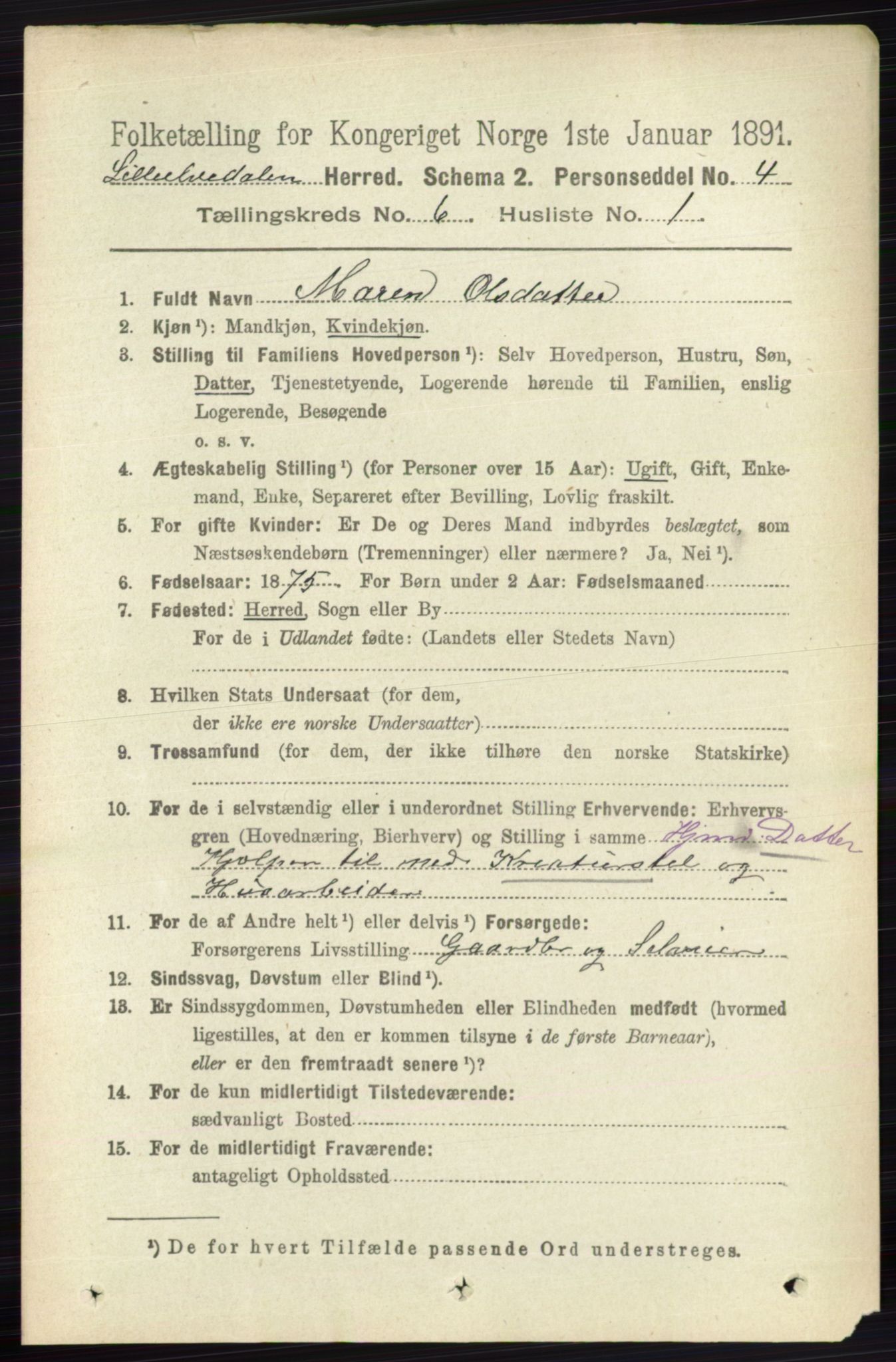 RA, 1891 census for 0438 Lille Elvedalen, 1891, p. 1833