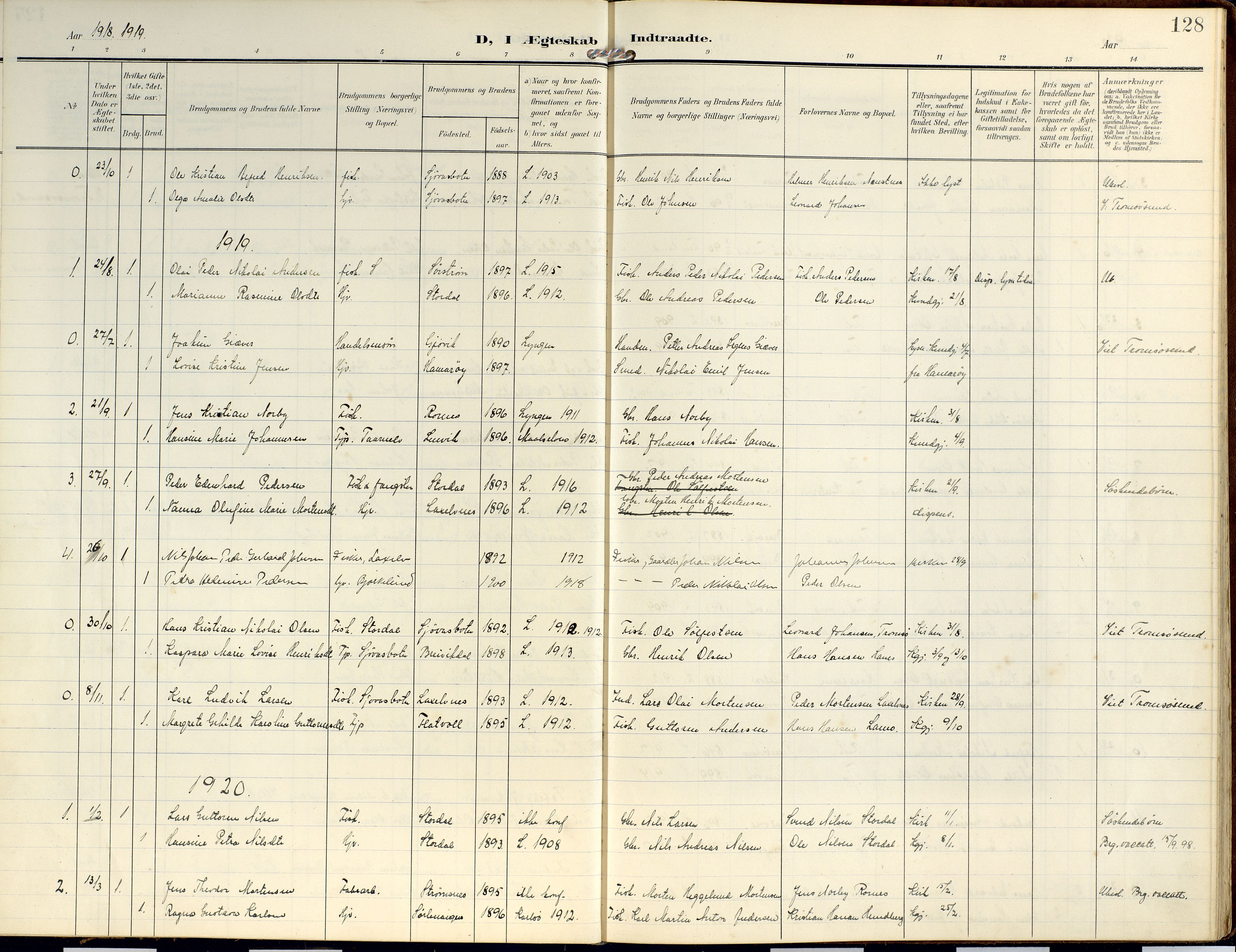 Lyngen sokneprestembete, AV/SATØ-S-1289/H/He/Hea/L0014kirke: Parish register (official) no. 14, 1905-1920, p. 128