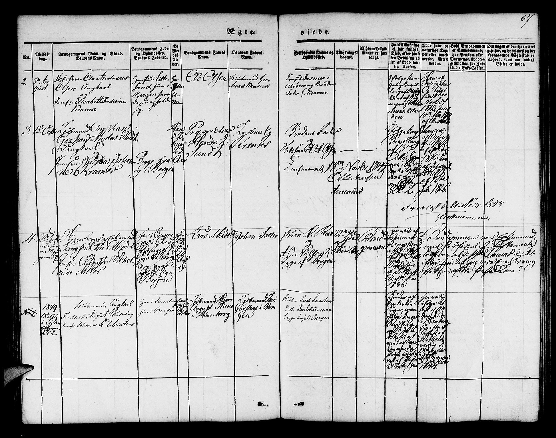 Mariakirken Sokneprestembete, SAB/A-76901/H/Hab/L0002: Parish register (copy) no. A 2, 1846-1862, p. 67