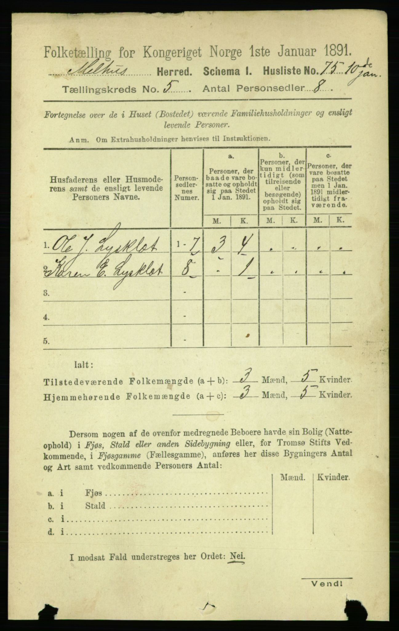 RA, 1891 census for 1653 Melhus, 1891, p. 2429