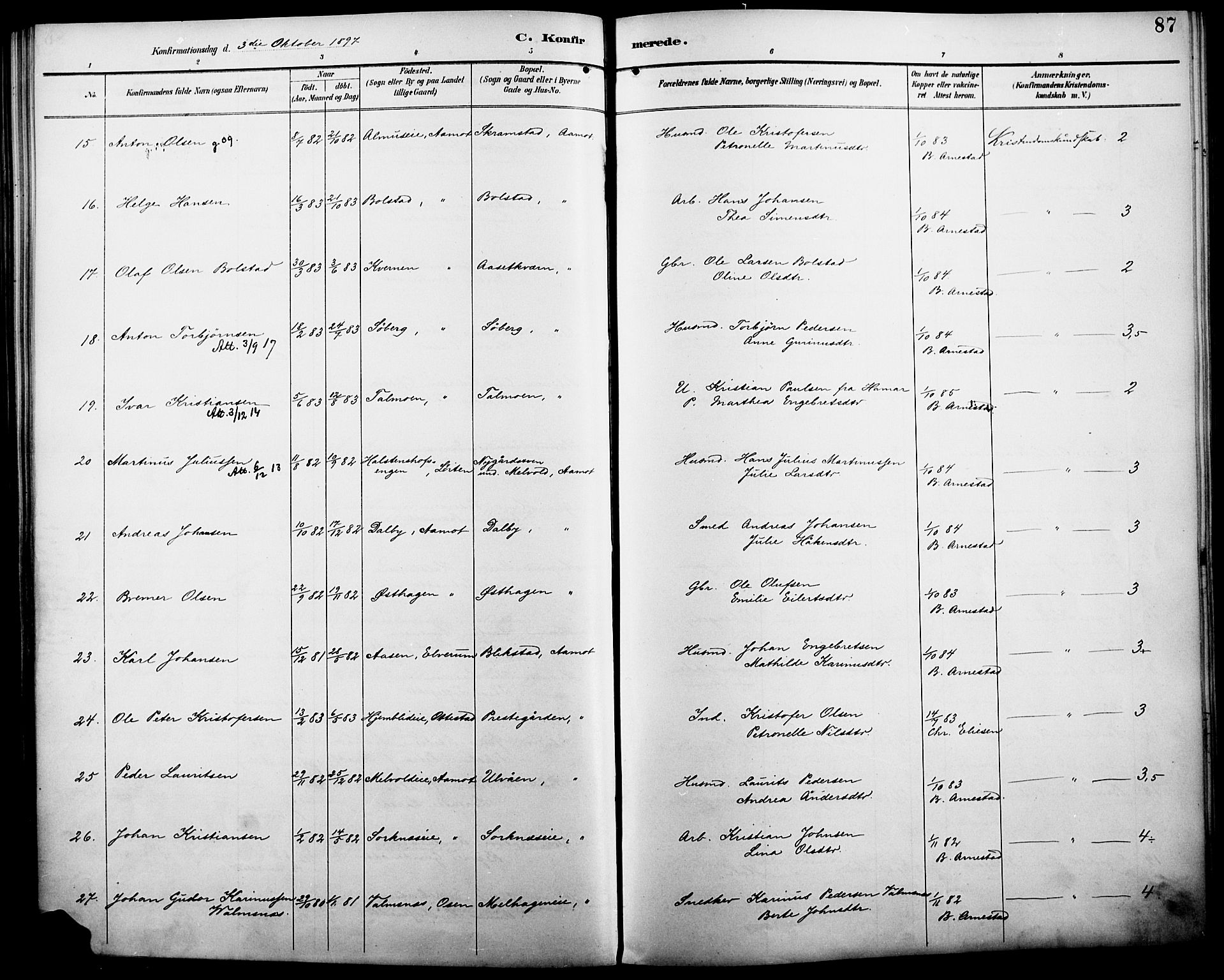 Åmot prestekontor, Hedmark, AV/SAH-PREST-056/H/Ha/Haa/L0011: Parish register (official) no. 11, 1890-1897, p. 87