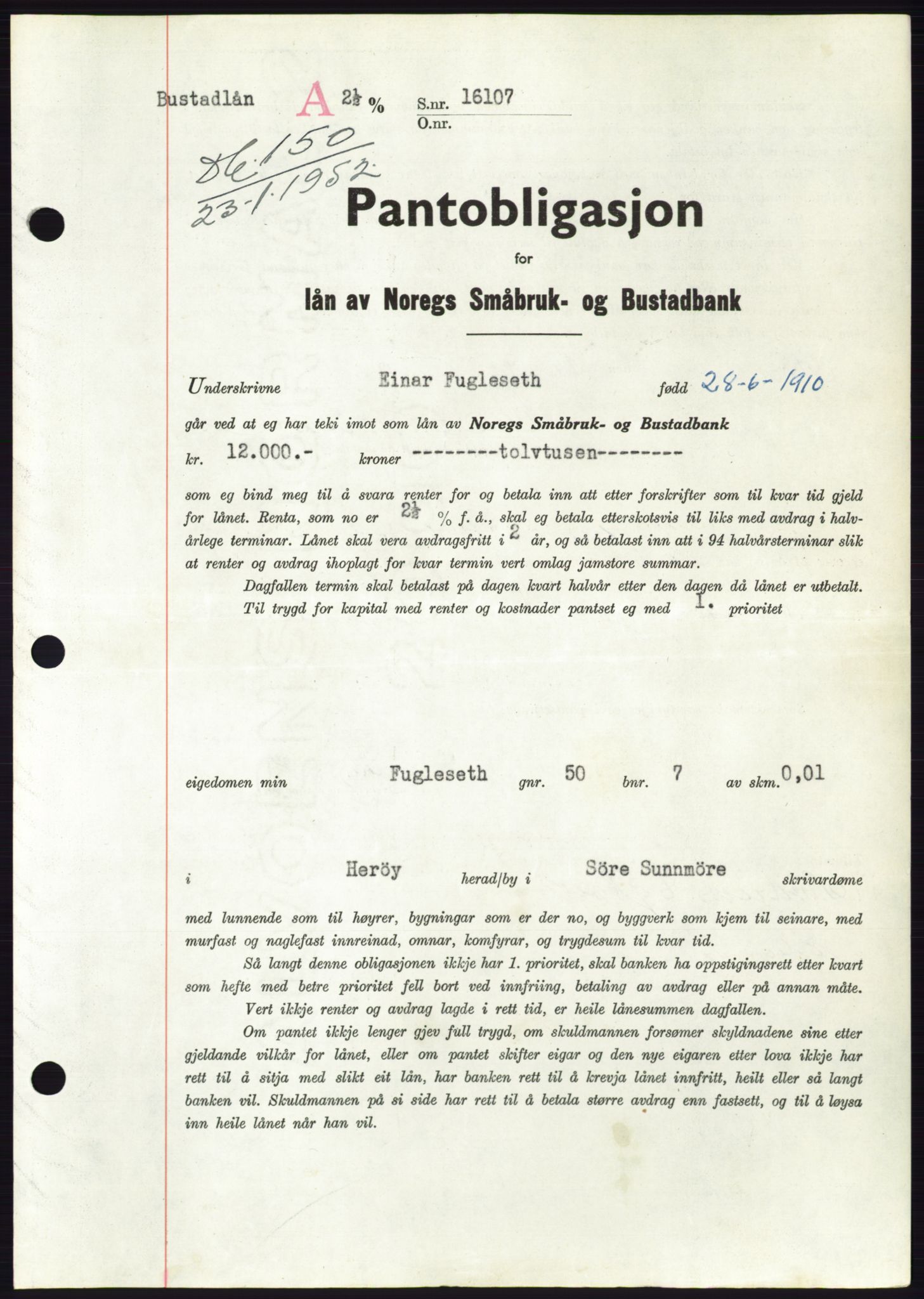 Søre Sunnmøre sorenskriveri, AV/SAT-A-4122/1/2/2C/L0121: Mortgage book no. 9B, 1951-1952, Diary no: : 150/1952