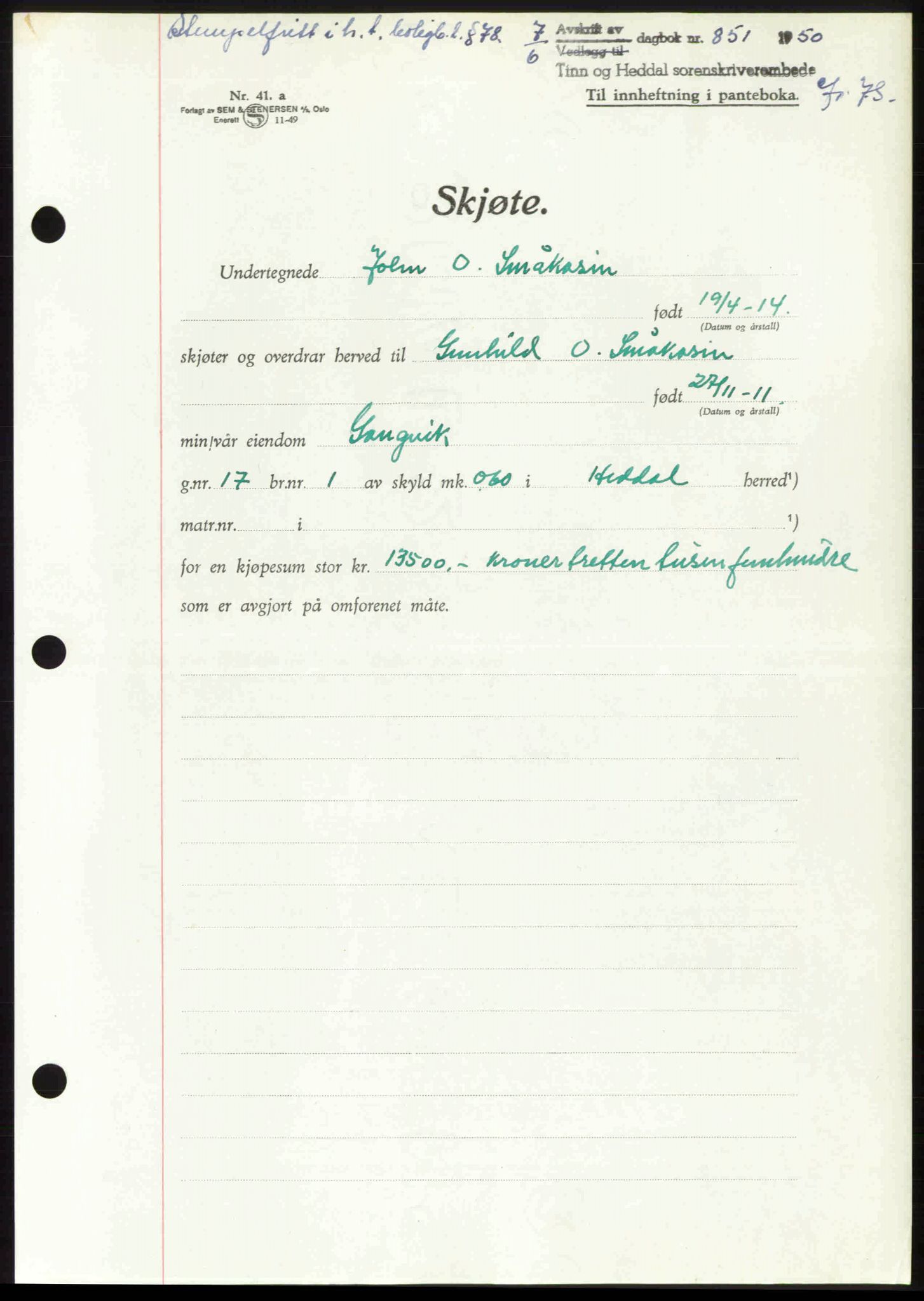 Tinn og Heddal sorenskriveri, AV/SAKO-A-212/G/Ga/L0014: Mortgage book no. 14, 1949-1950, Diary no: : 851/1950