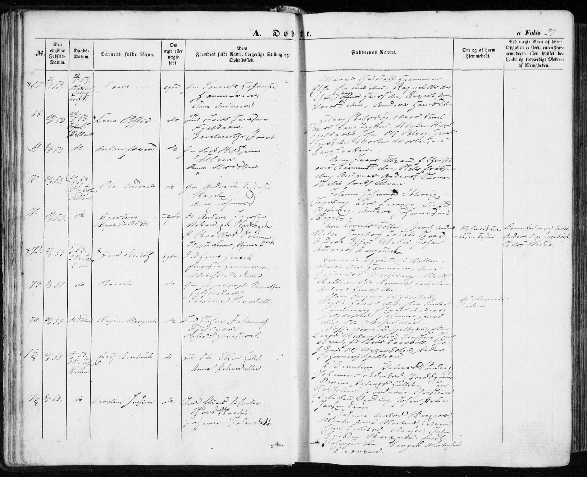 Ministerialprotokoller, klokkerbøker og fødselsregistre - Sør-Trøndelag, AV/SAT-A-1456/634/L0530: Parish register (official) no. 634A06, 1852-1860, p. 27