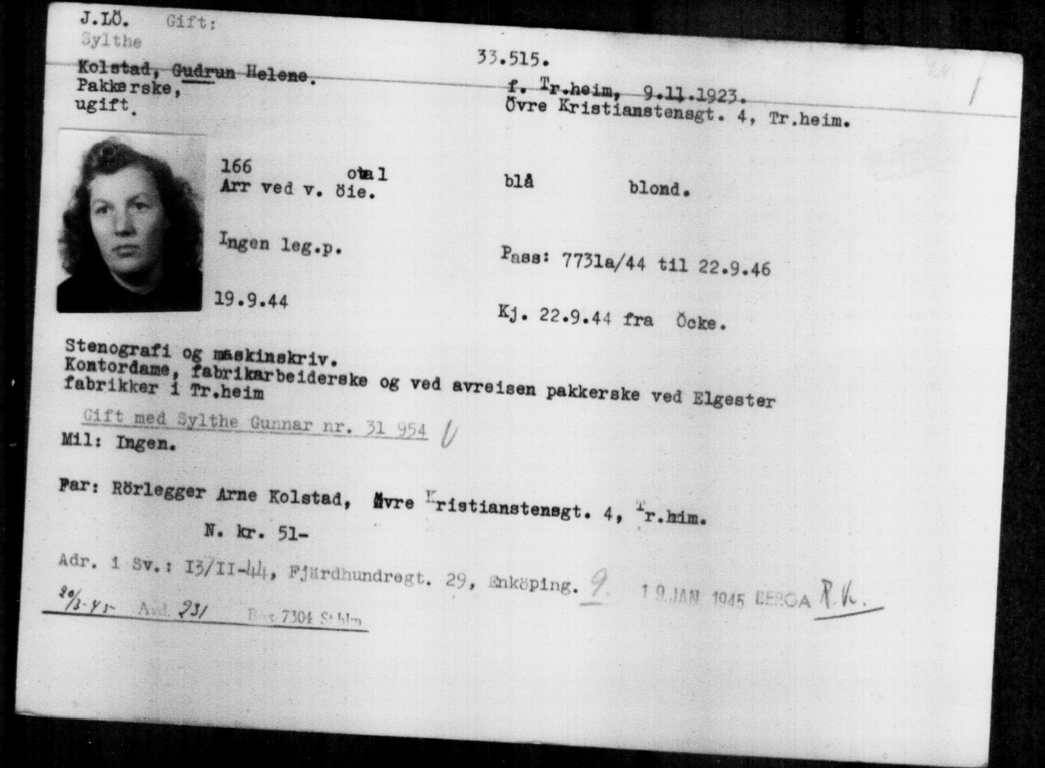 Utenriksstasjonene, Legasjonen i Stockholm, Flyktningkontoret, AV/RA-S-6753/V/Va/L0013: Kjesäterkartoteket, flyktninger med registreringsnr. 31500-34731, 1940-1945, p. 2123
