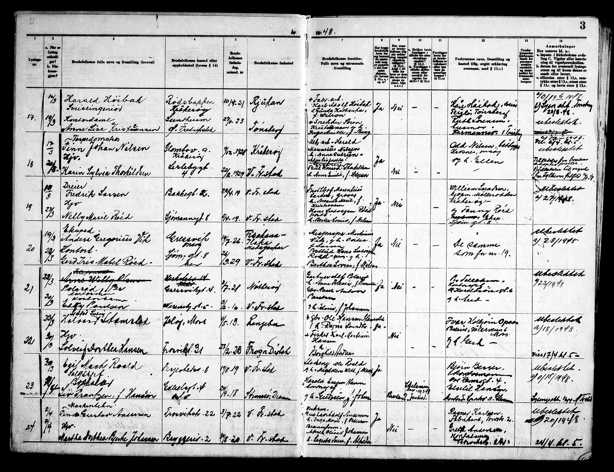 Fredrikstad domkirkes prestekontor Kirkebøker, AV/SAO-A-10906/H/Ha/L0005: Banns register no. 5, 1948-1960, p. 3