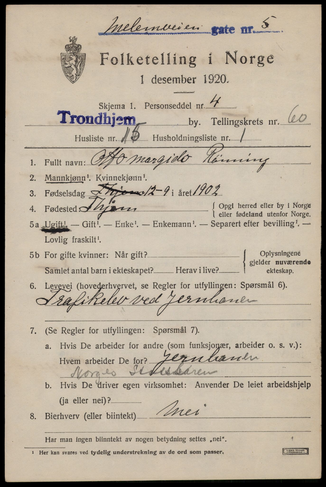 SAT, 1920 census for Trondheim, 1920, p. 122240