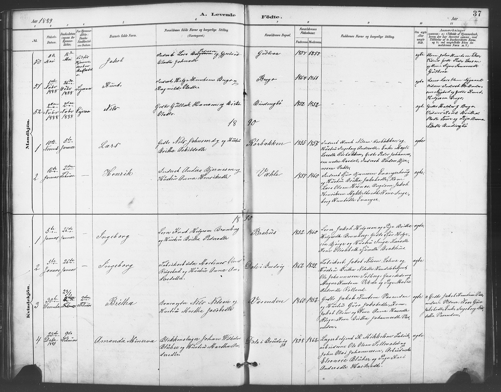Evanger sokneprestembete, AV/SAB-A-99924: Parish register (copy) no. A 4, 1887-1897, p. 37