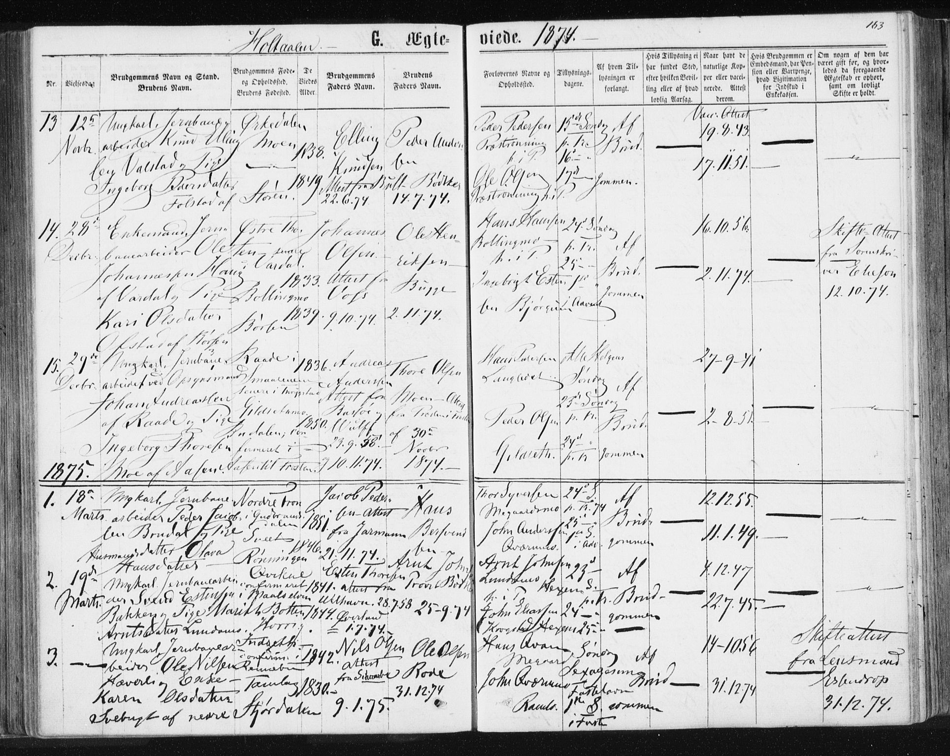 Ministerialprotokoller, klokkerbøker og fødselsregistre - Sør-Trøndelag, SAT/A-1456/685/L0969: Parish register (official) no. 685A08 /1, 1870-1878, p. 163