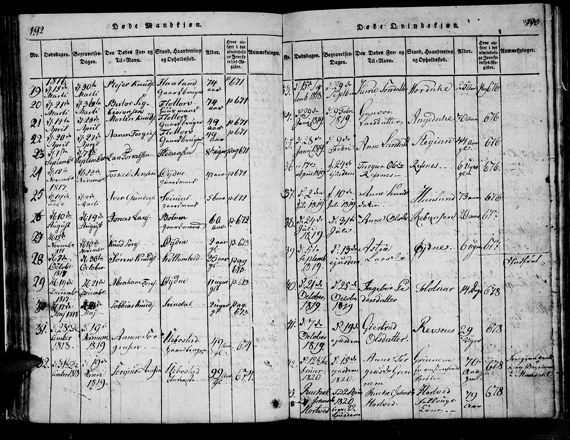 Bjelland sokneprestkontor, SAK/1111-0005/F/Fa/Fac/L0001: Parish register (official) no. A 1, 1815-1866, p. 192-193