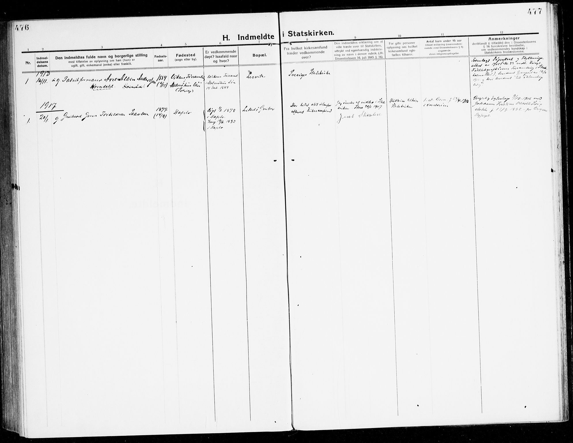 Stord sokneprestembete, AV/SAB-A-78201/H/Haa/Haab/L0003: Parish register (official) no. B 3, 1913-1925, p. 476-477