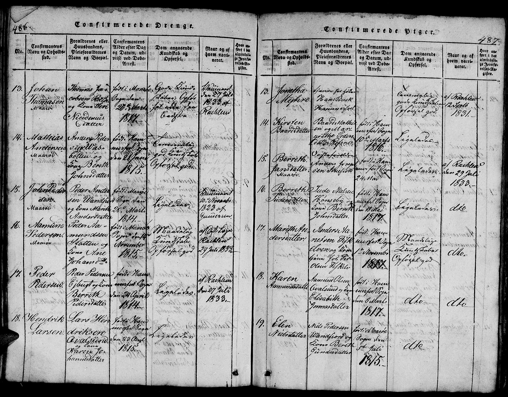 Hammerfest sokneprestkontor, AV/SATØ-S-1347/H/Hb/L0001.klokk: Parish register (copy) no. 1, 1822-1850, p. 486-487