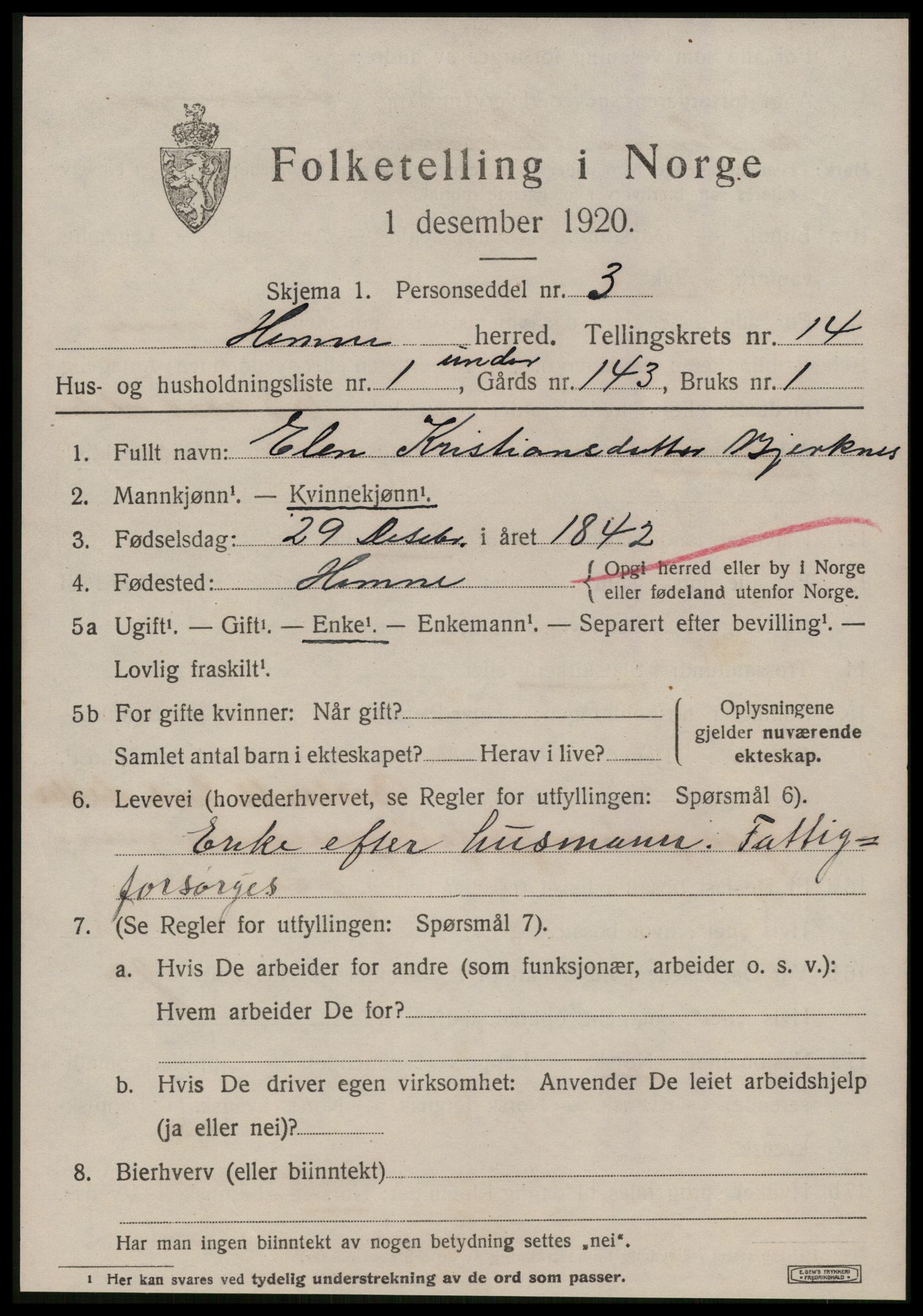 SAT, 1920 census for Hemne, 1920, p. 7934