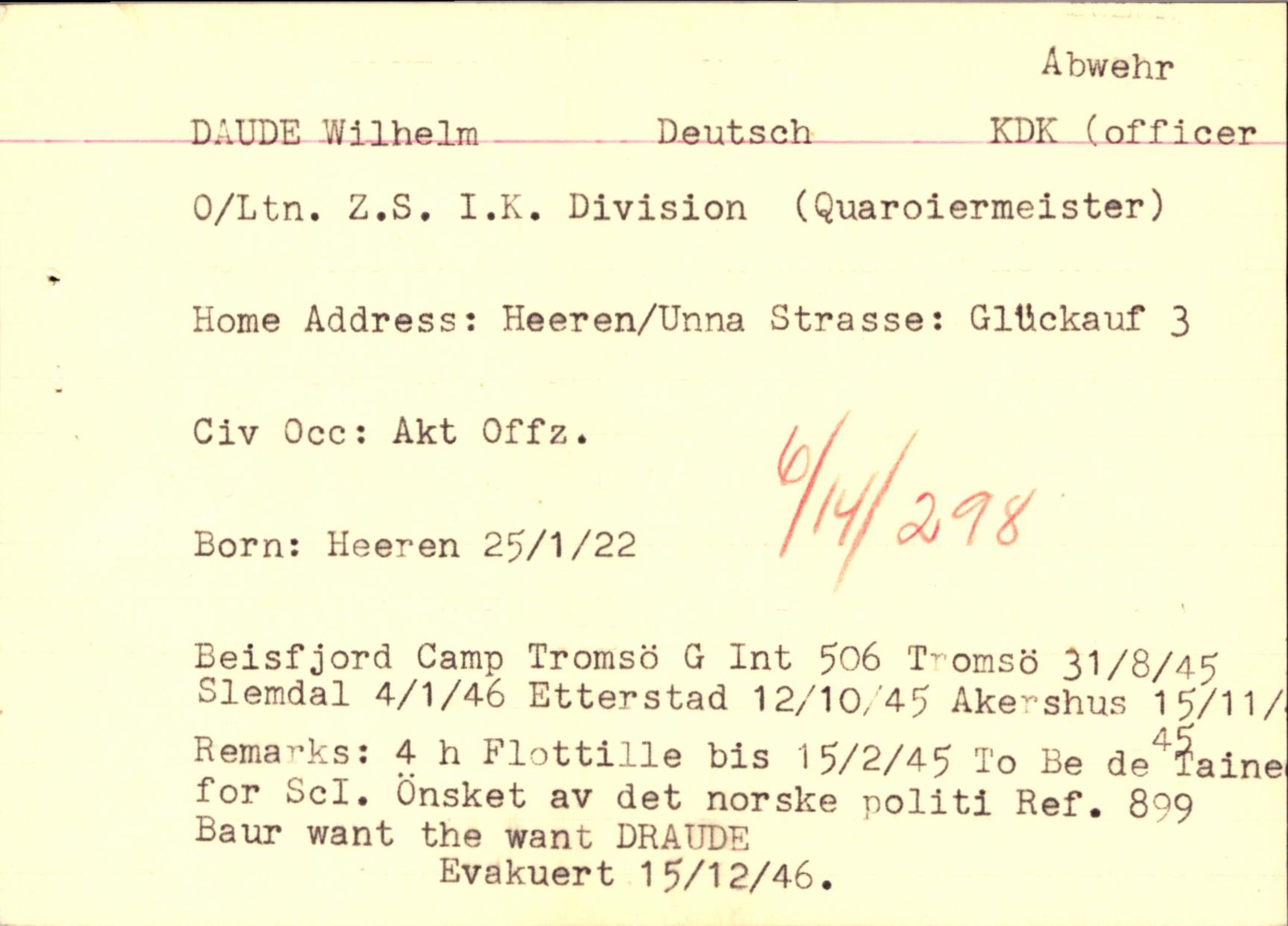 Forsvaret, Forsvarets overkommando II, RA/RAFA-3915/D/Db/L0005: CI Questionaires. Tyske okkupasjonsstyrker i Norge. Tyskere., 1945-1946, p. 355