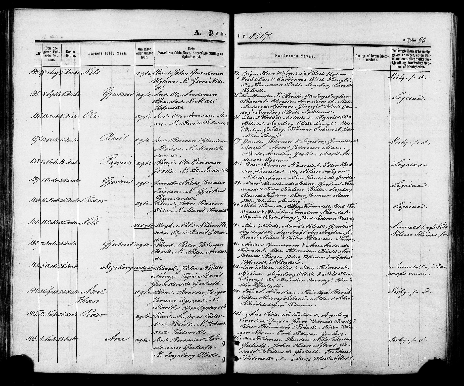 Ministerialprotokoller, klokkerbøker og fødselsregistre - Sør-Trøndelag, SAT/A-1456/695/L1147: Parish register (official) no. 695A07, 1860-1877, p. 96
