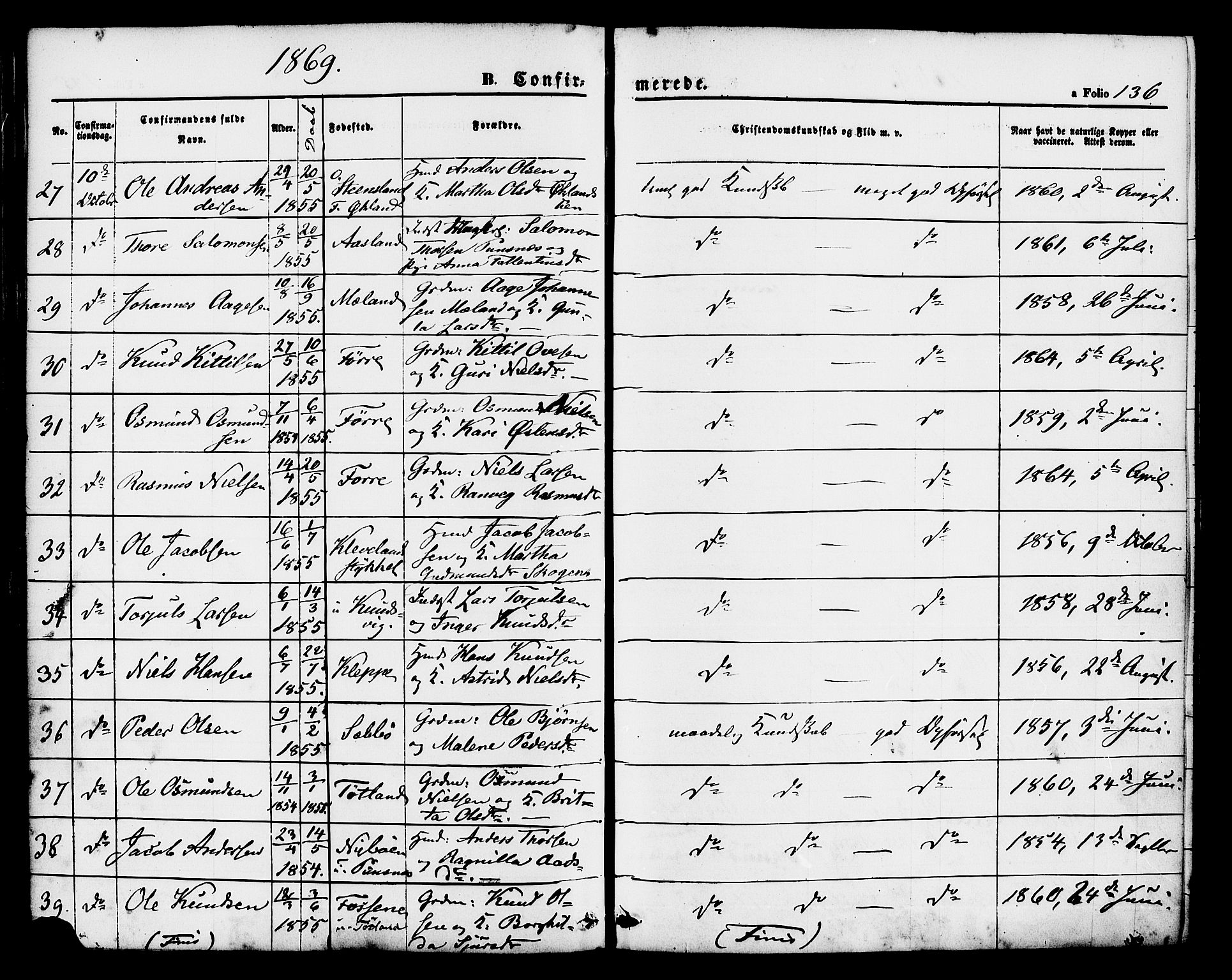 Hjelmeland sokneprestkontor, SAST/A-101843/01/IV/L0011: Parish register (official) no. A 11, 1861-1878, p. 136