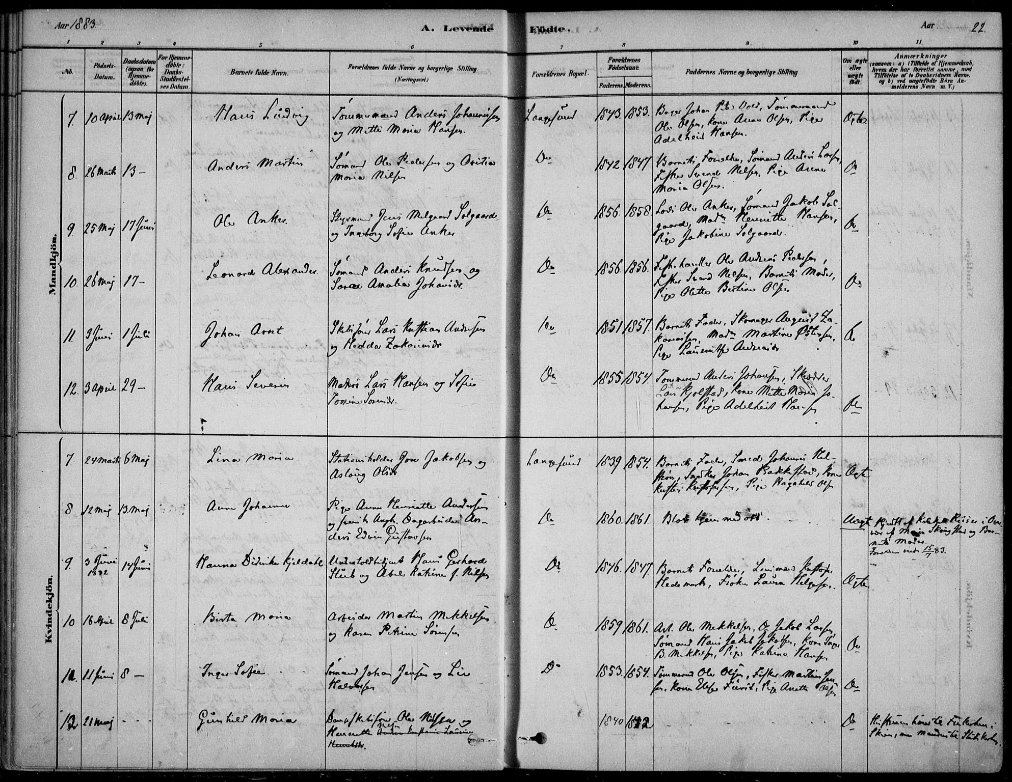 Langesund kirkebøker, SAKO/A-280/F/Fa/L0002: Parish register (official) no. 2, 1878-1892, p. 22