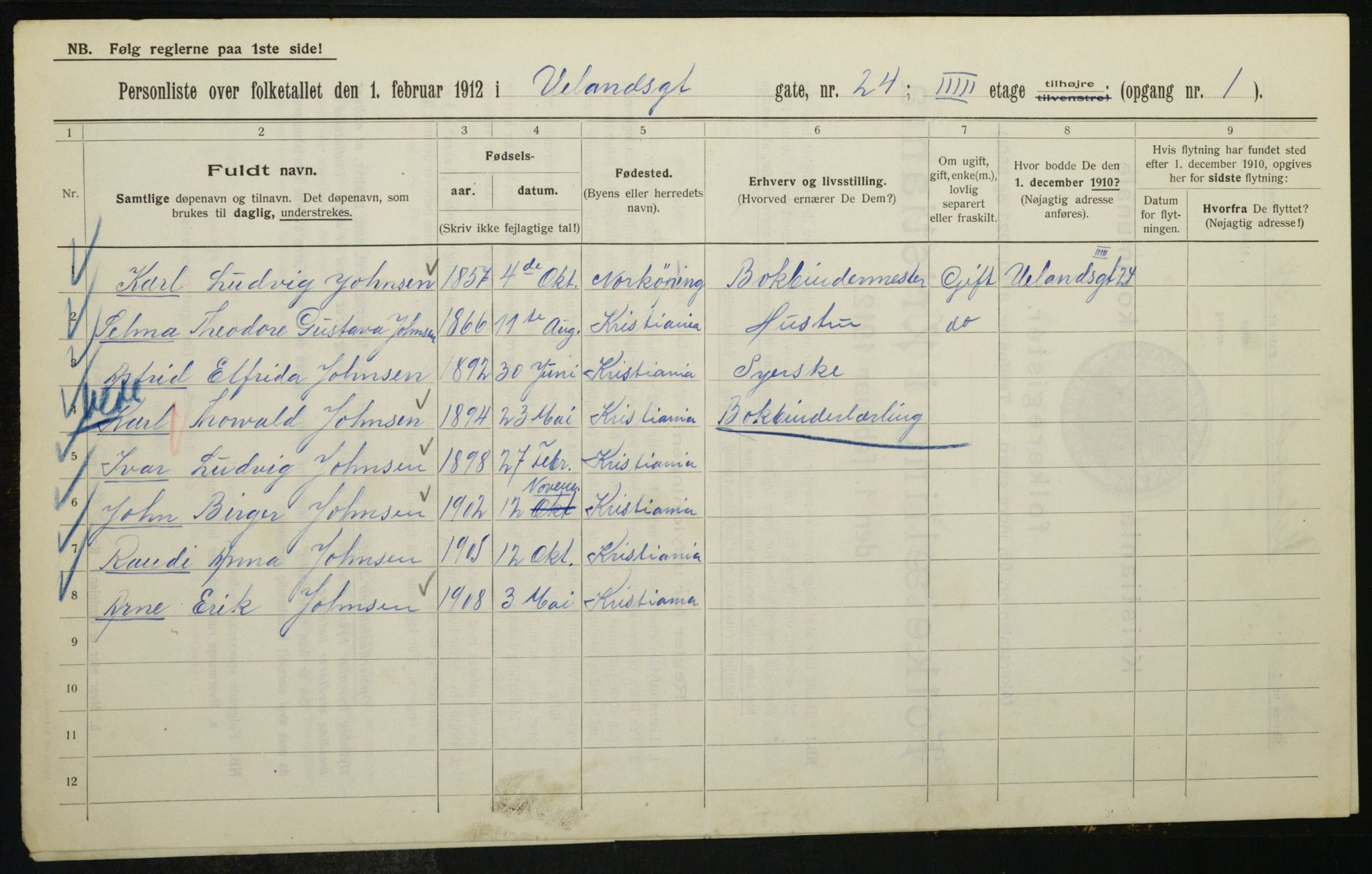 OBA, Municipal Census 1912 for Kristiania, 1912, p. 118708