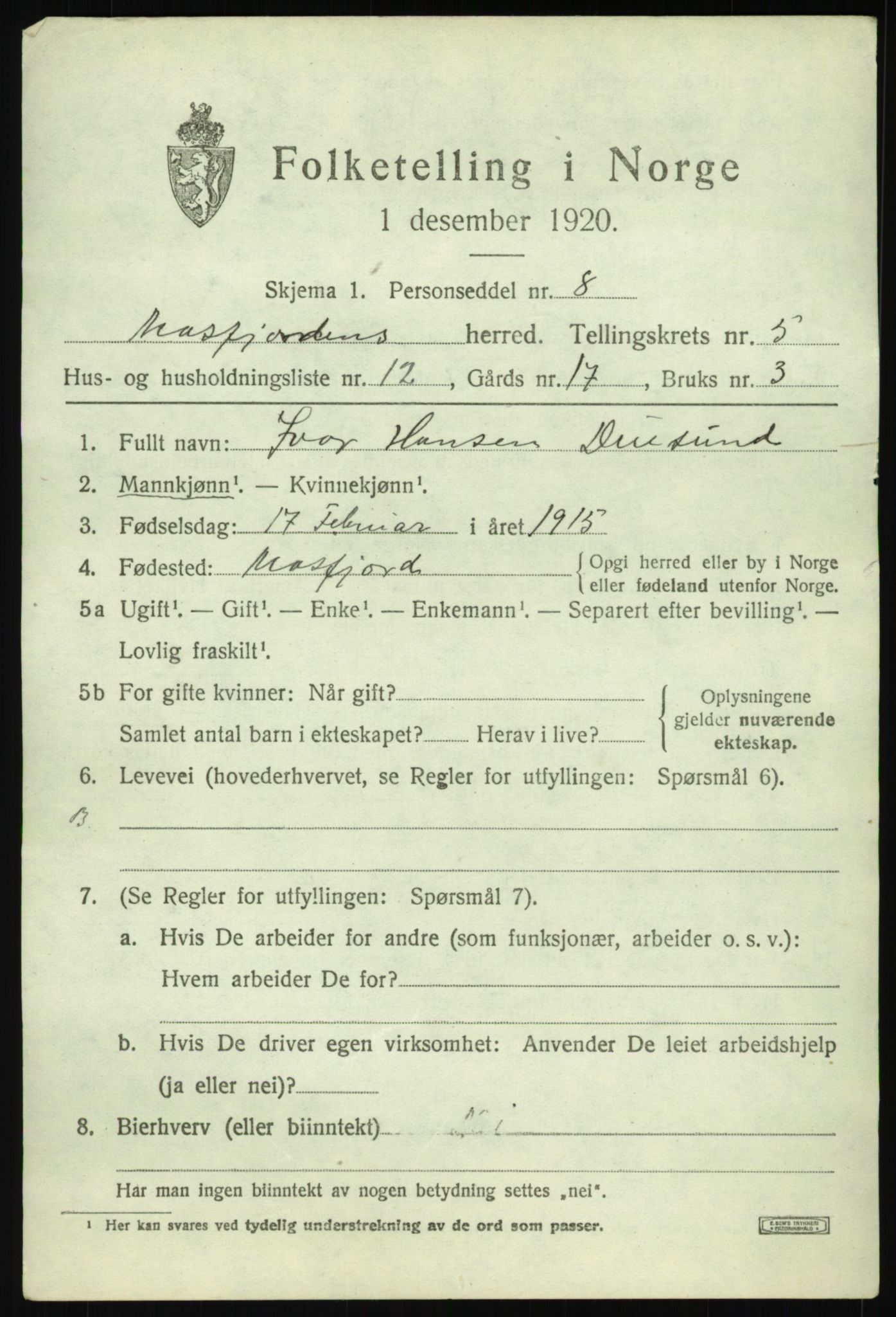 SAB, 1920 census for Masfjorden, 1920, p. 2267