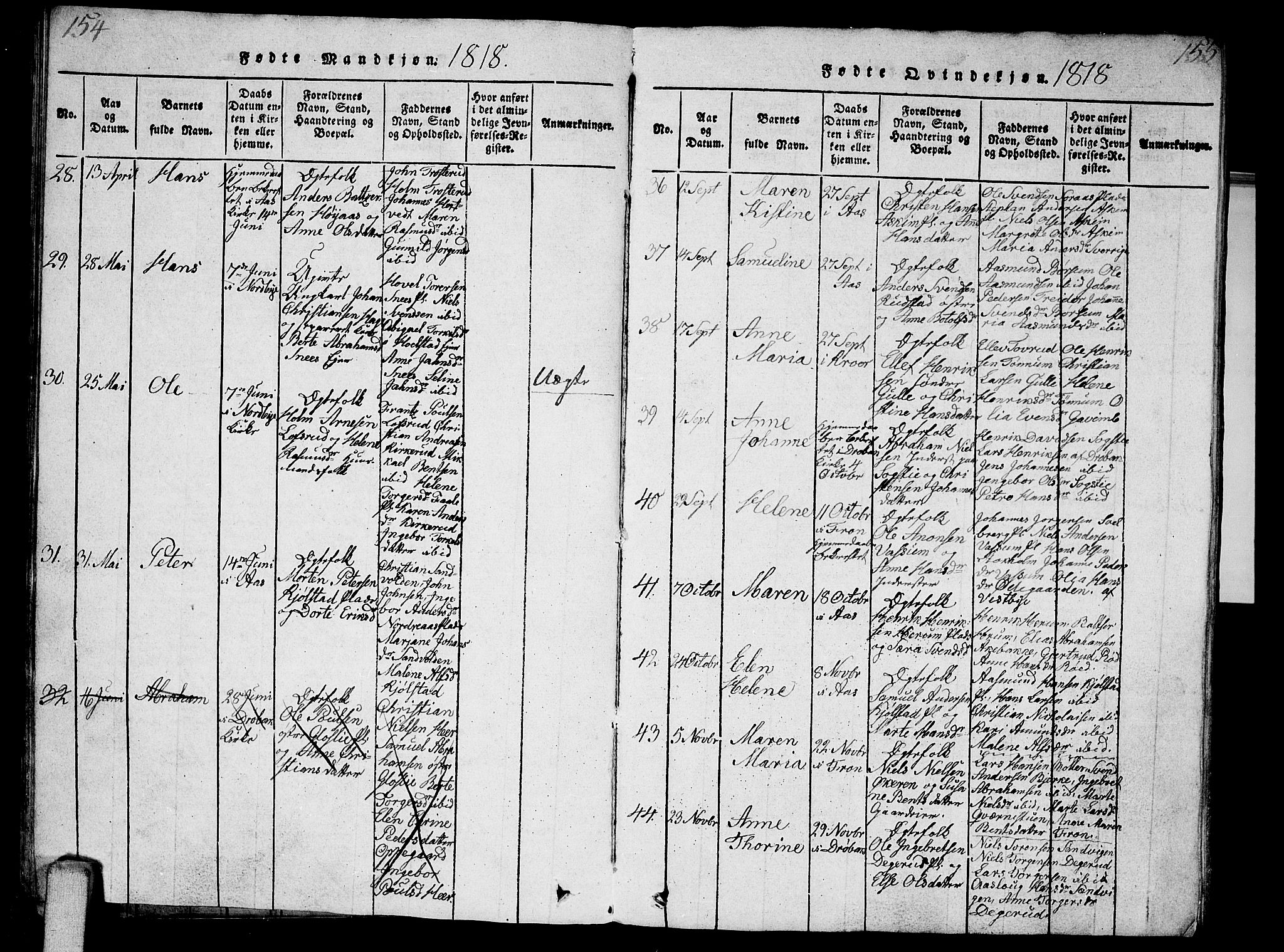 Ås prestekontor Kirkebøker, SAO/A-10894/G/Ga/L0001: Parish register (copy) no. I 1, 1814-1820, p. 154-155