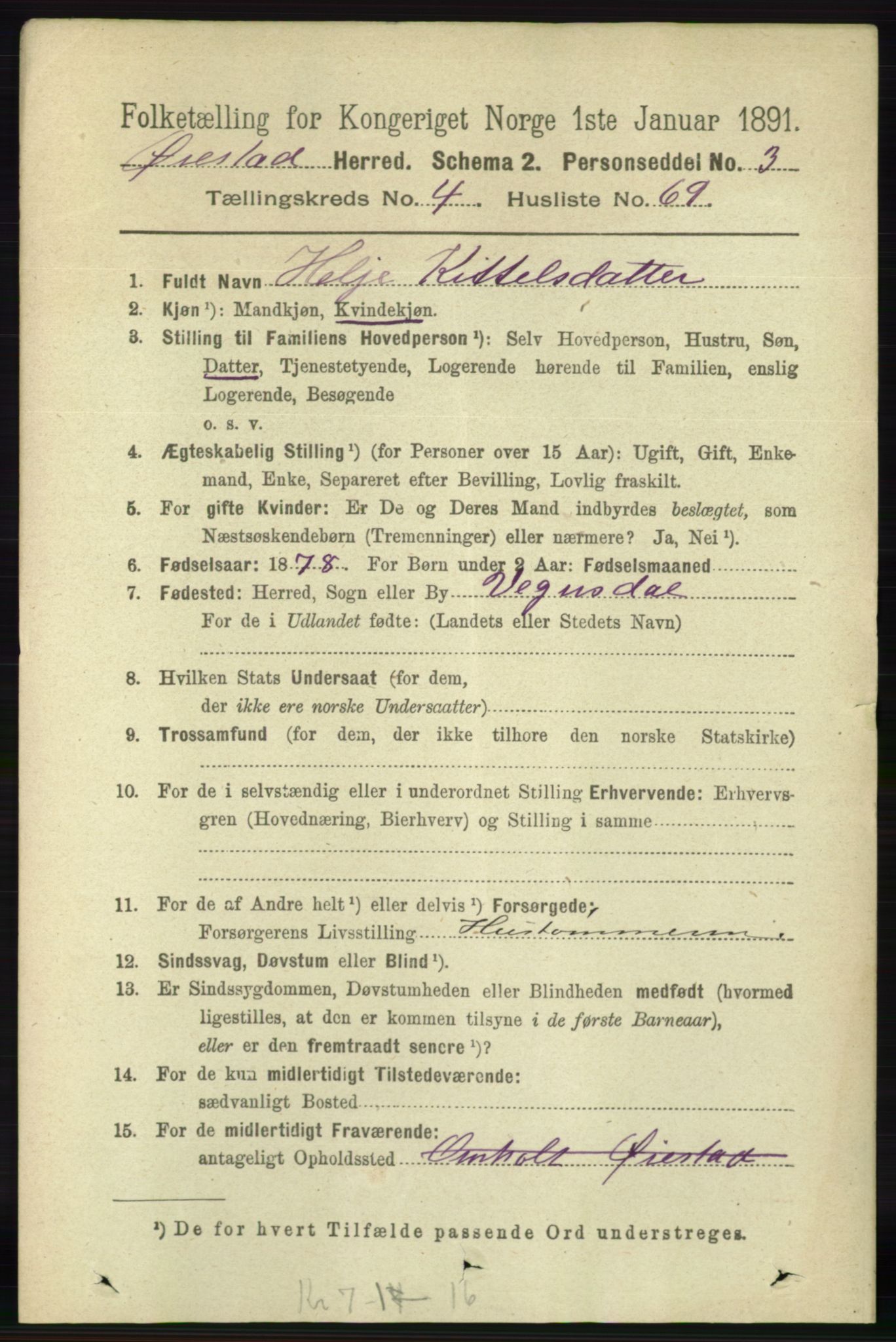 RA, 1891 census for 0920 Øyestad, 1891, p. 1754