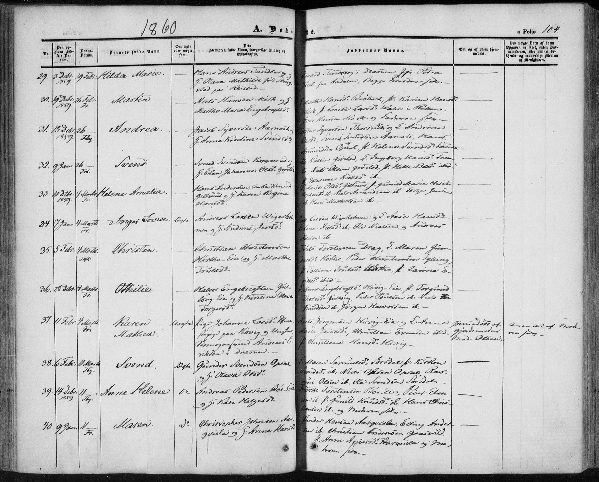 Lier kirkebøker, SAKO/A-230/F/Fa/L0012: Parish register (official) no. I 12, 1854-1864, p. 104