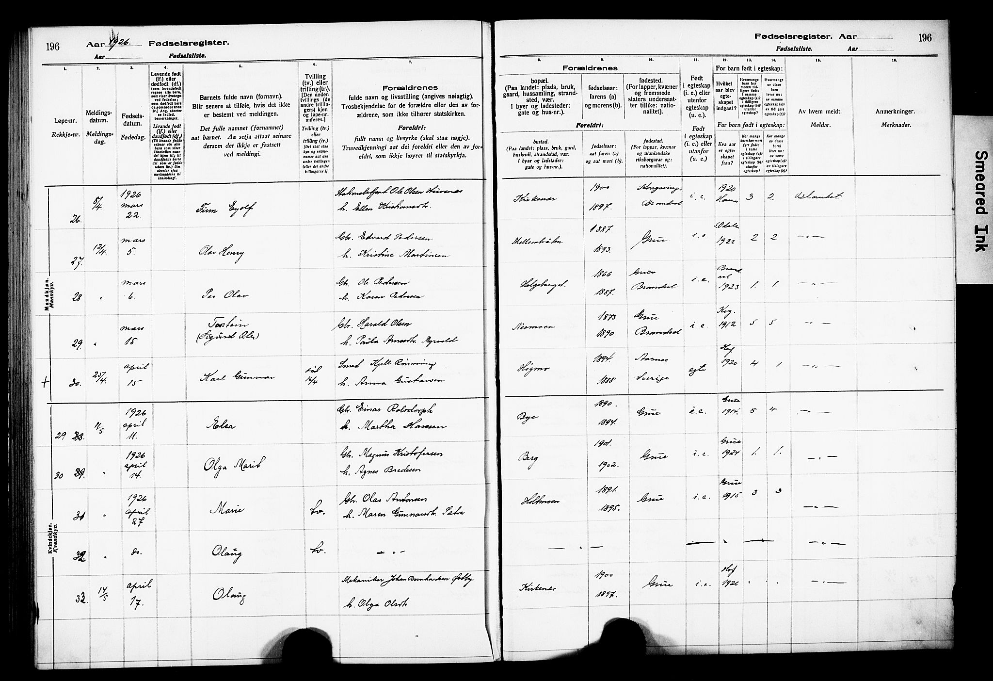 Grue prestekontor, AV/SAH-PREST-036/I/Id/Ida/L0001: Birth register no. I 1, 1916-1926, p. 196