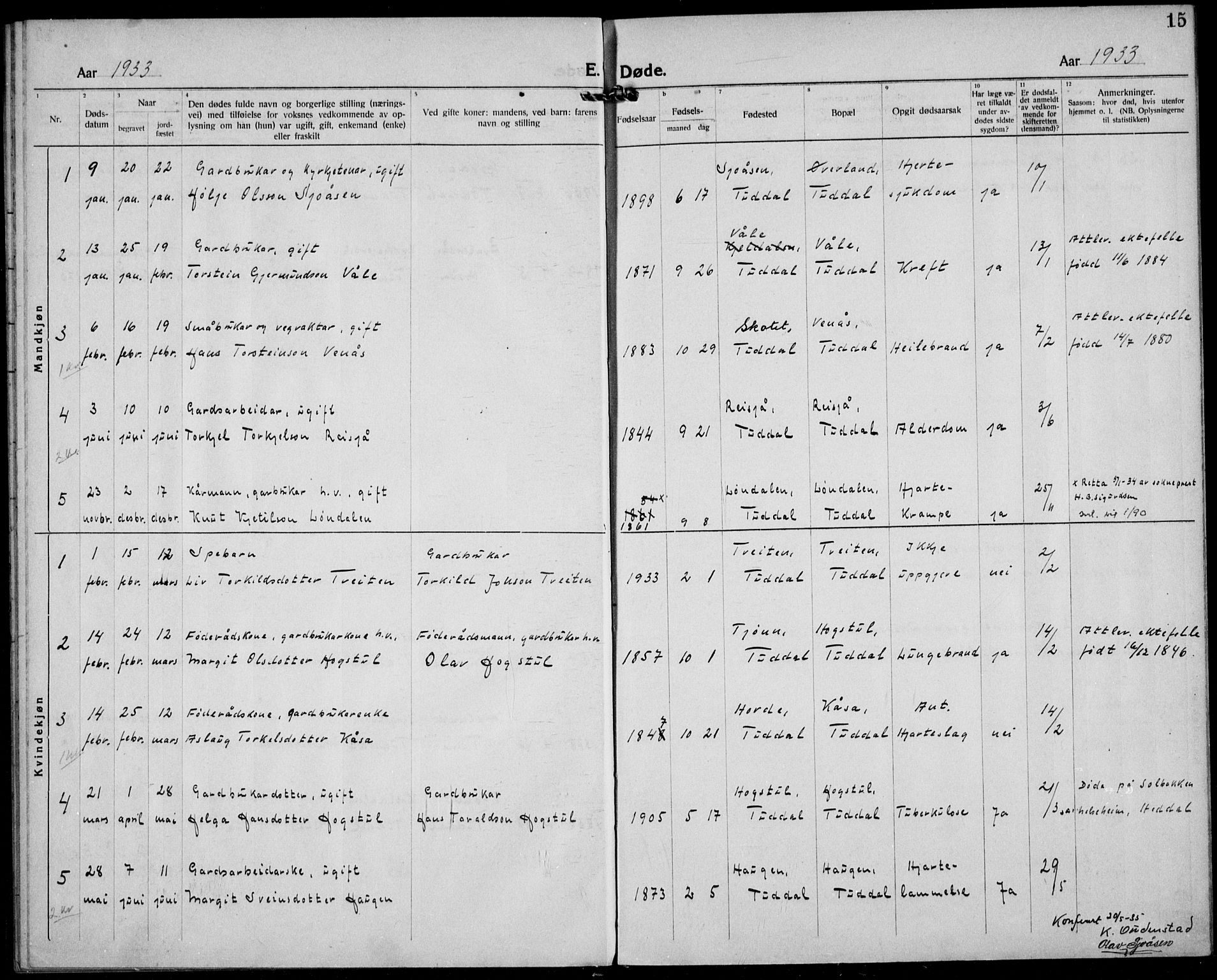 Hjartdal kirkebøker, AV/SAKO-A-270/F/Fc/L0004: Parish register (official) no. III 4, 1923-1936, p. 15