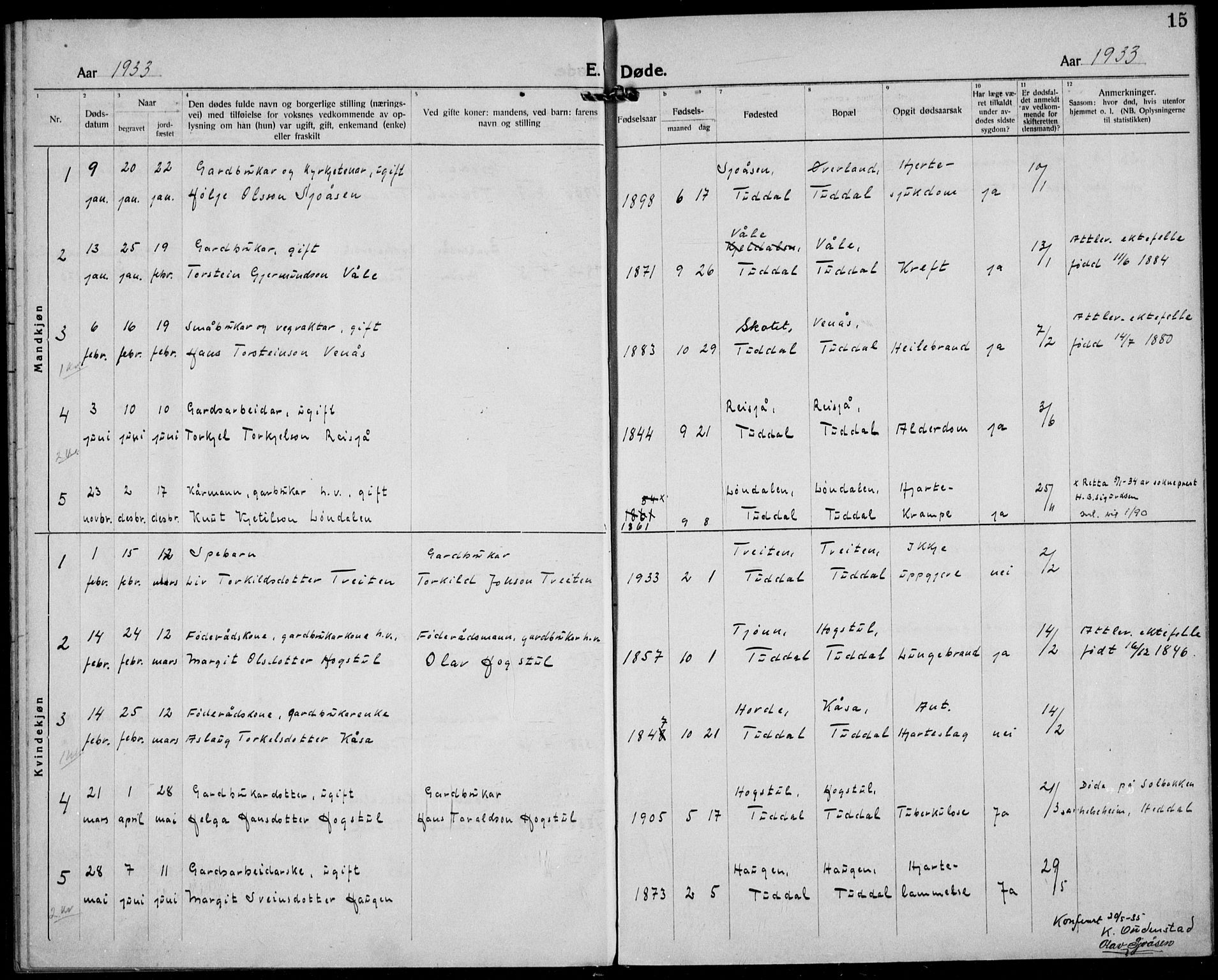 Hjartdal kirkebøker, SAKO/A-270/F/Fc/L0004: Parish register (official) no. III 4, 1923-1936, p. 15