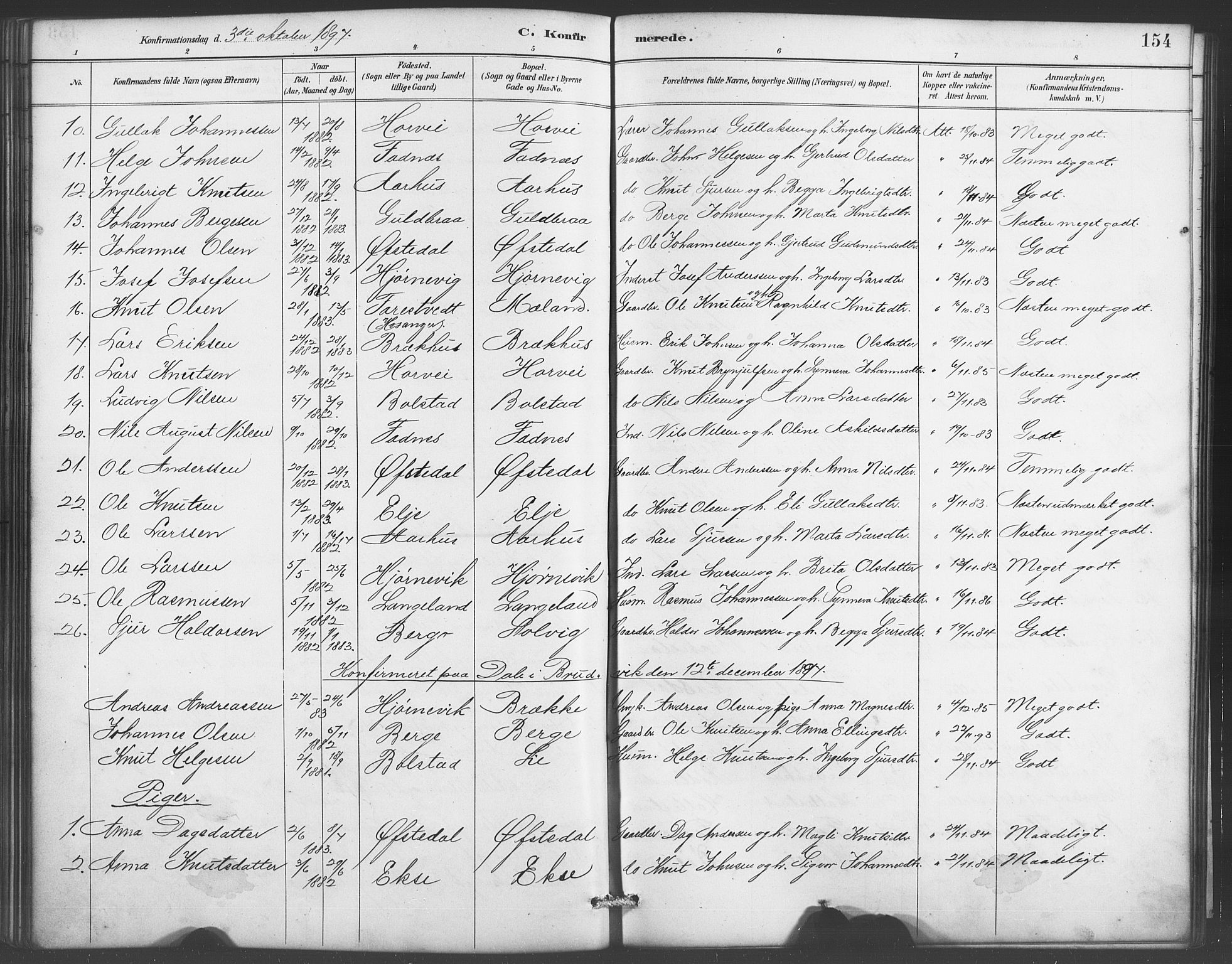 Evanger sokneprestembete, SAB/A-99924: Parish register (copy) no. A 4, 1887-1897, p. 154