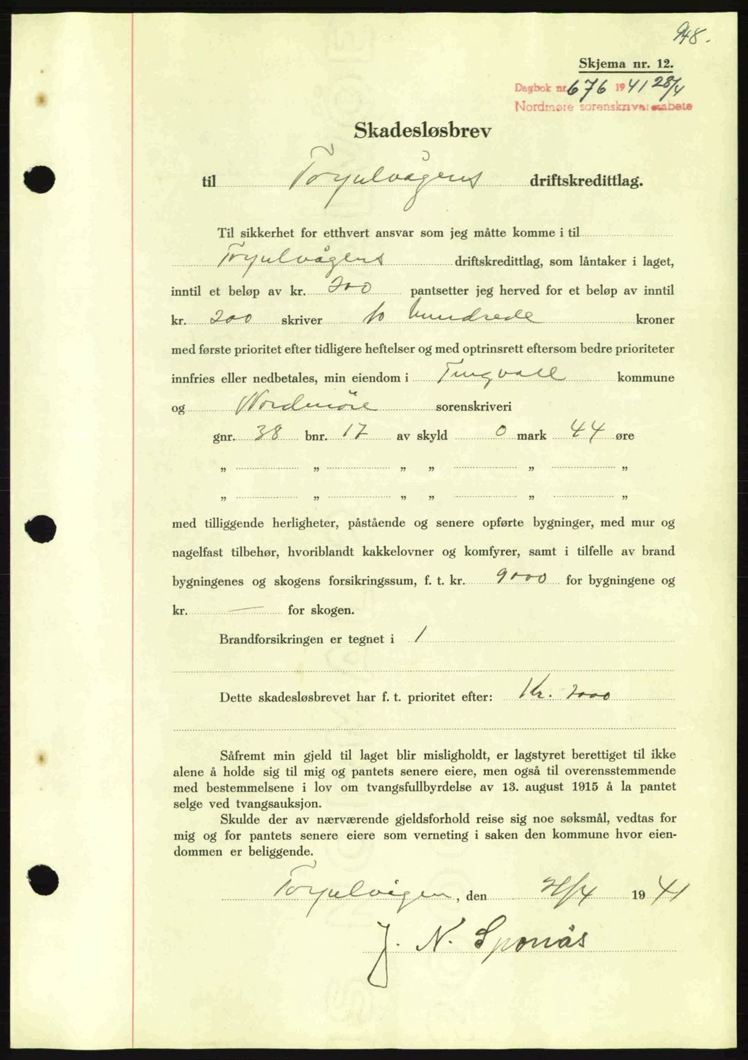 Nordmøre sorenskriveri, AV/SAT-A-4132/1/2/2Ca: Mortgage book no. B87, 1940-1941, Diary no: : 676/1941