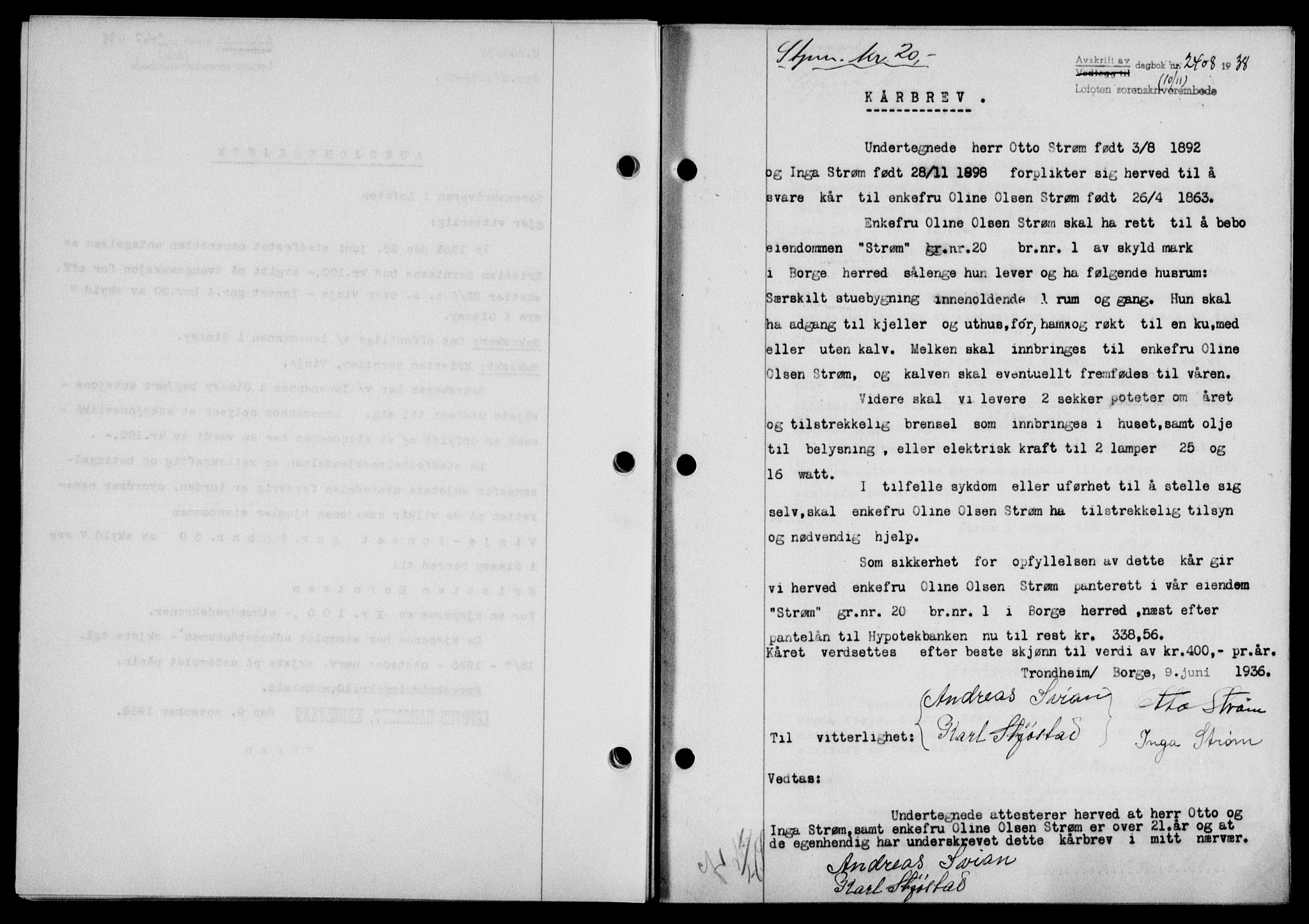 Lofoten sorenskriveri, SAT/A-0017/1/2/2C/L0004a: Mortgage book no. 4a, 1938-1938, Diary no: : 2408/1938