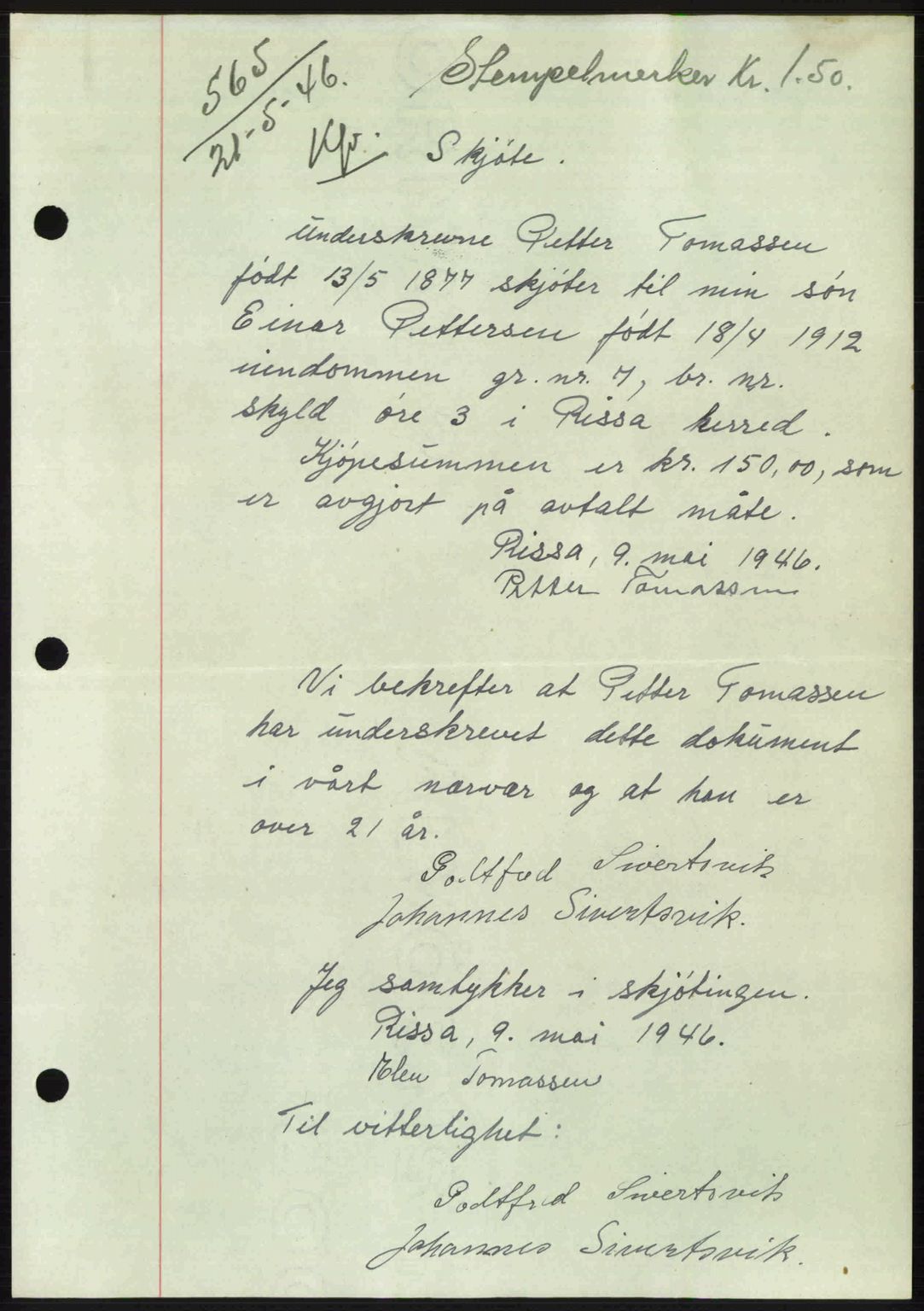 Fosen sorenskriveri, AV/SAT-A-1107/1/2/2C: Mortgage book no. A4-6, 1946-1947, Diary no: : 565/1946