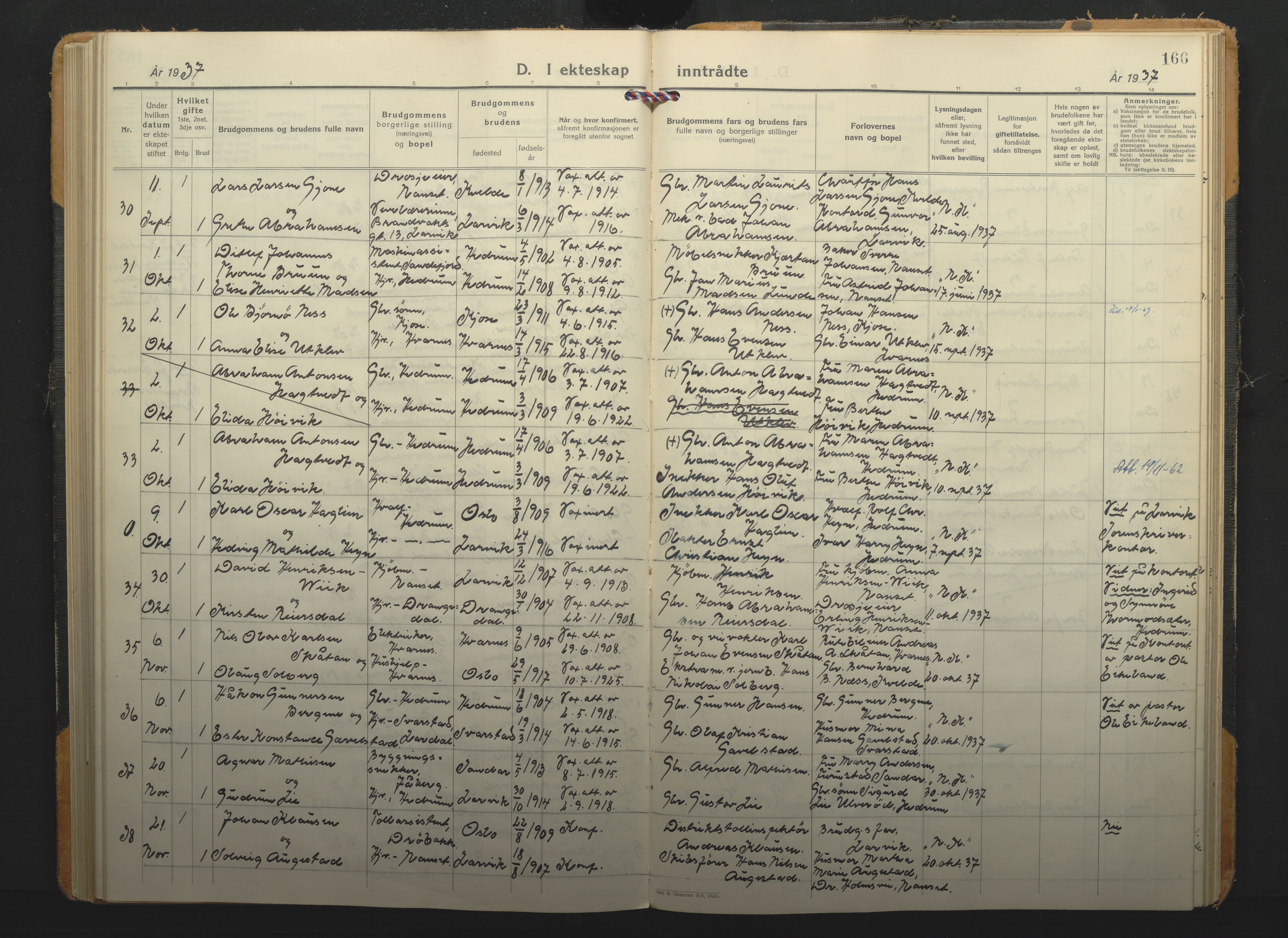 Hedrum kirkebøker, SAKO/A-344/F/Fa/L0012: Parish register (official) no. I 12, 1934-1941, p. 166