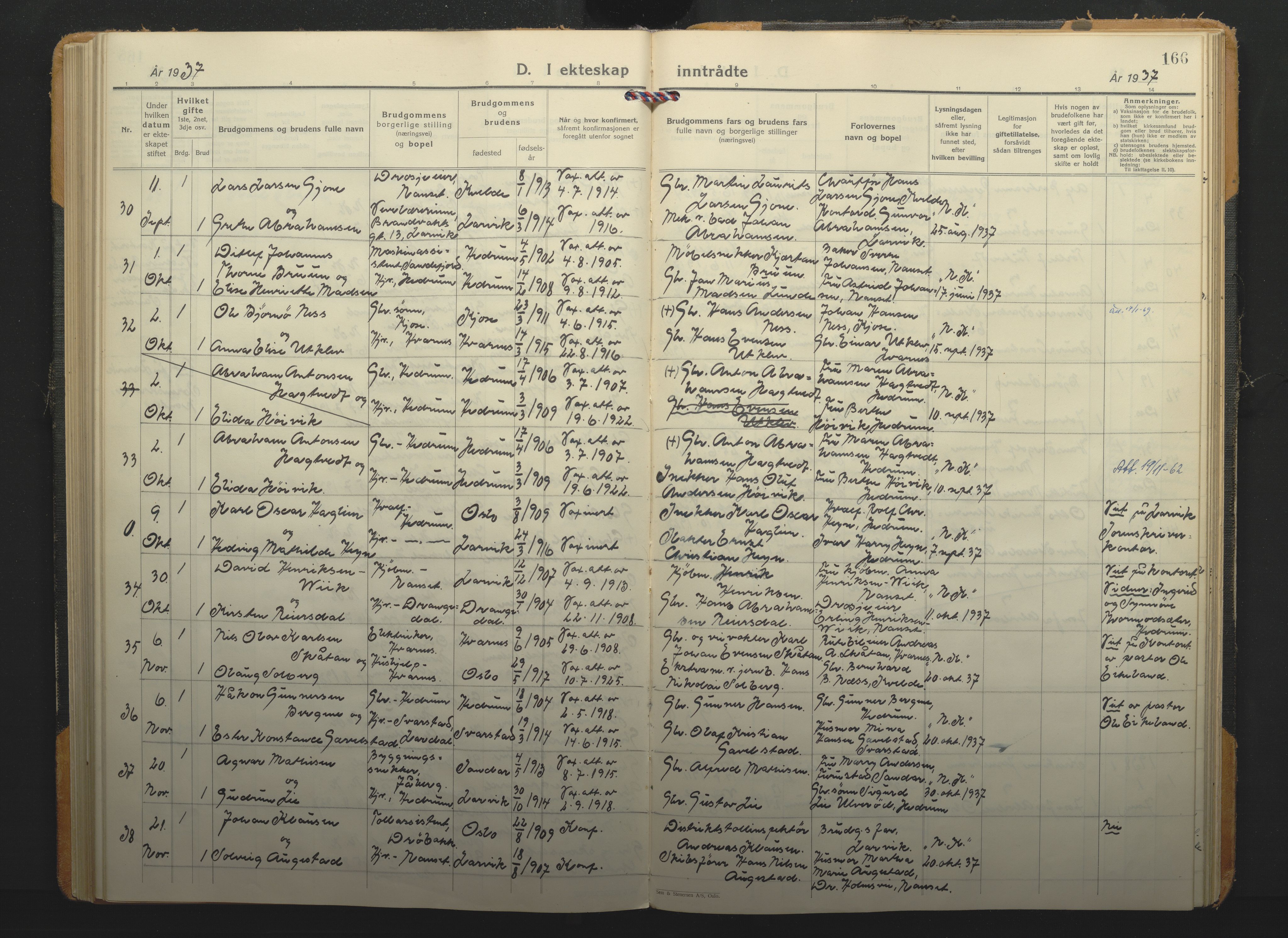 Hedrum kirkebøker, AV/SAKO-A-344/F/Fa/L0012: Parish register (official) no. I 12, 1934-1941, p. 166