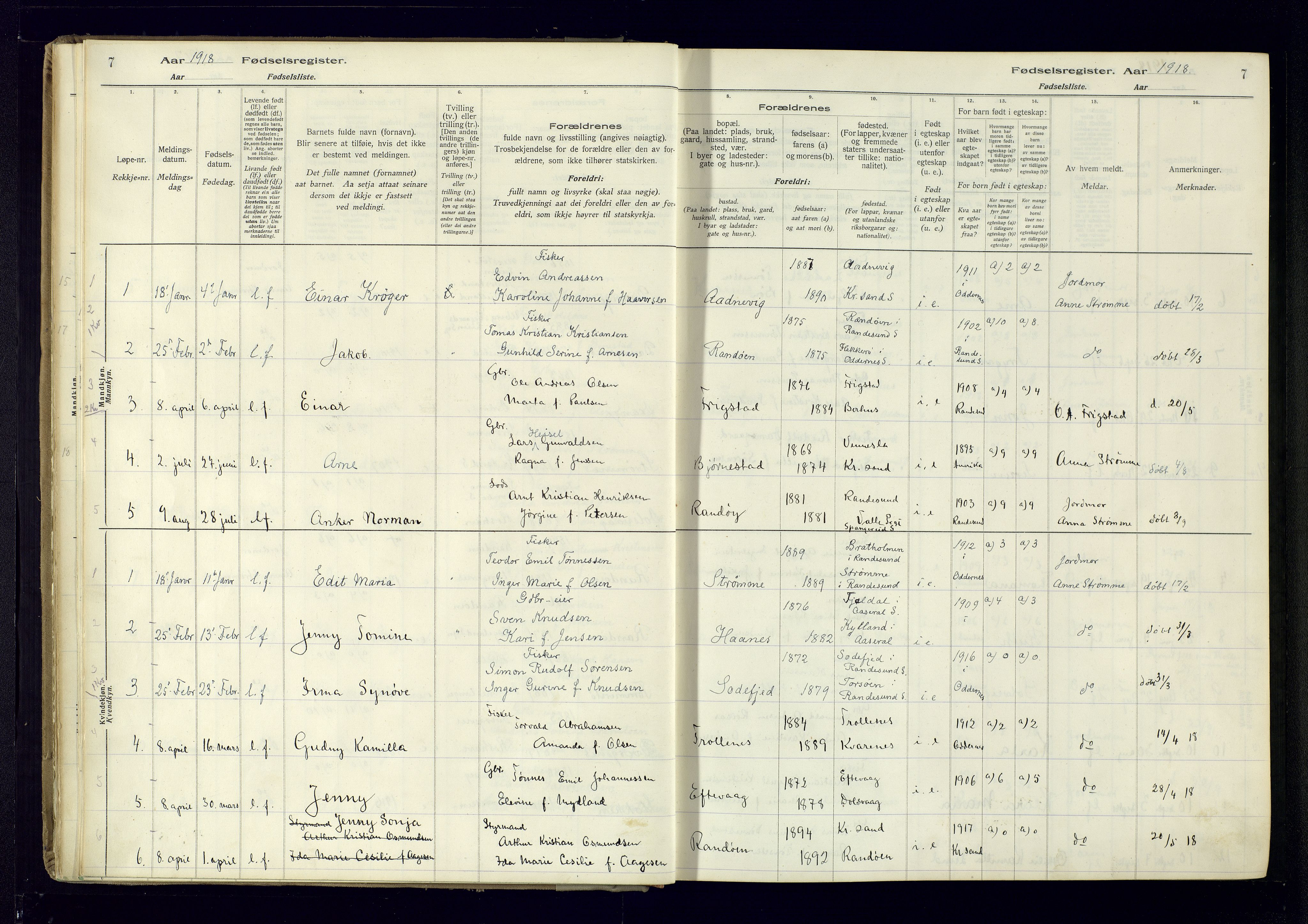 Oddernes sokneprestkontor, AV/SAK-1111-0033/J/Ja/L0007: Birth register no. 7, 1916-1971, p. 7