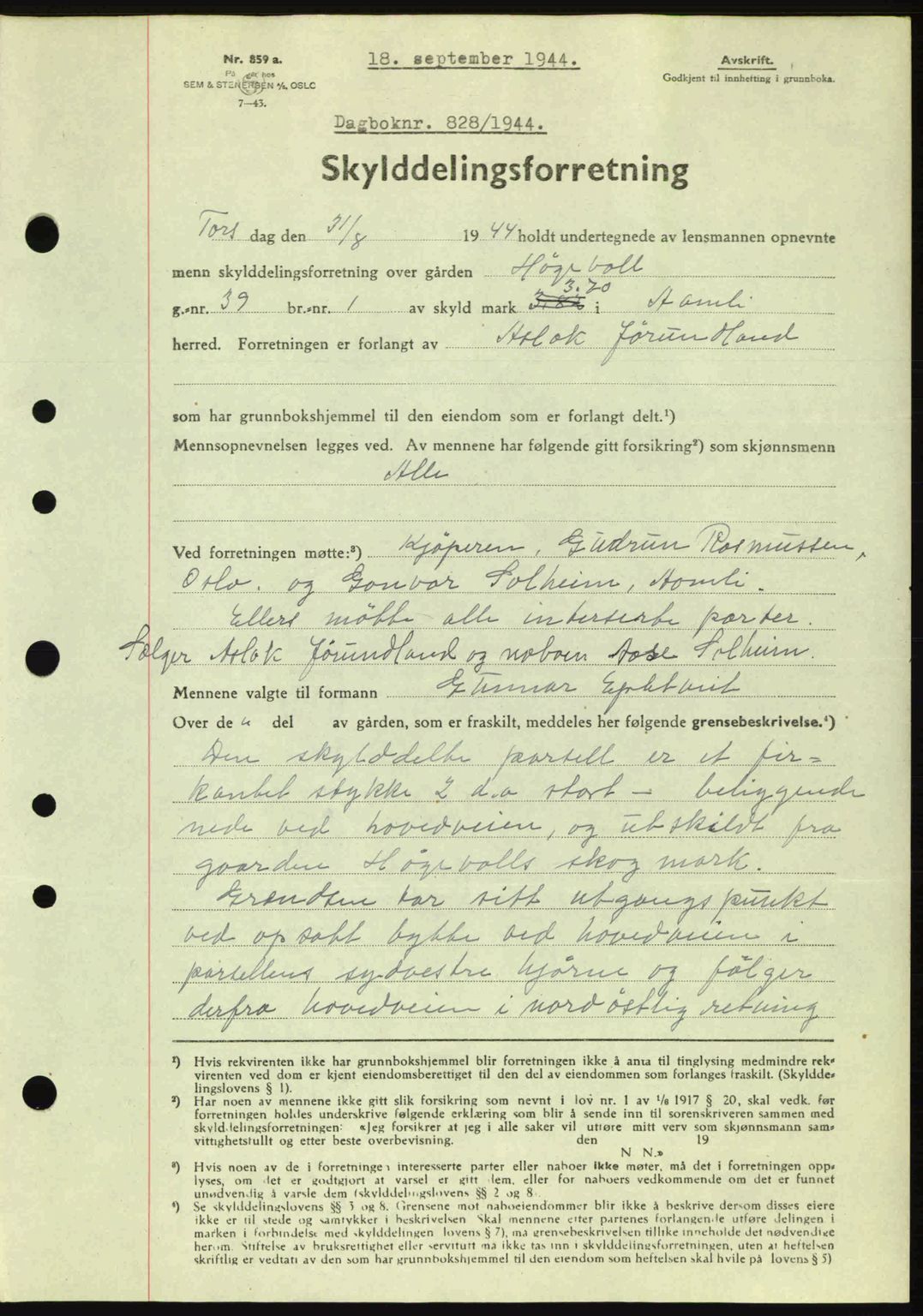 Nedenes sorenskriveri, SAK/1221-0006/G/Gb/Gba/L0052: Mortgage book no. A6a, 1944-1945, Diary no: : 828/1944