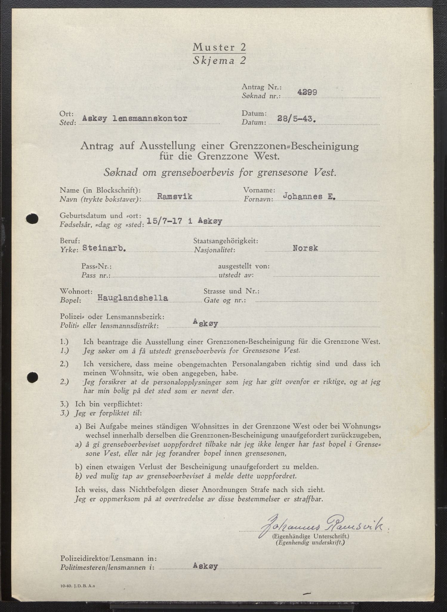 Lensmannen i Askøy, AV/SAB-A-31001/0026/L0012: Søknader om grensebuarbevis 3826 - 4350, 1942-1943, p. 540