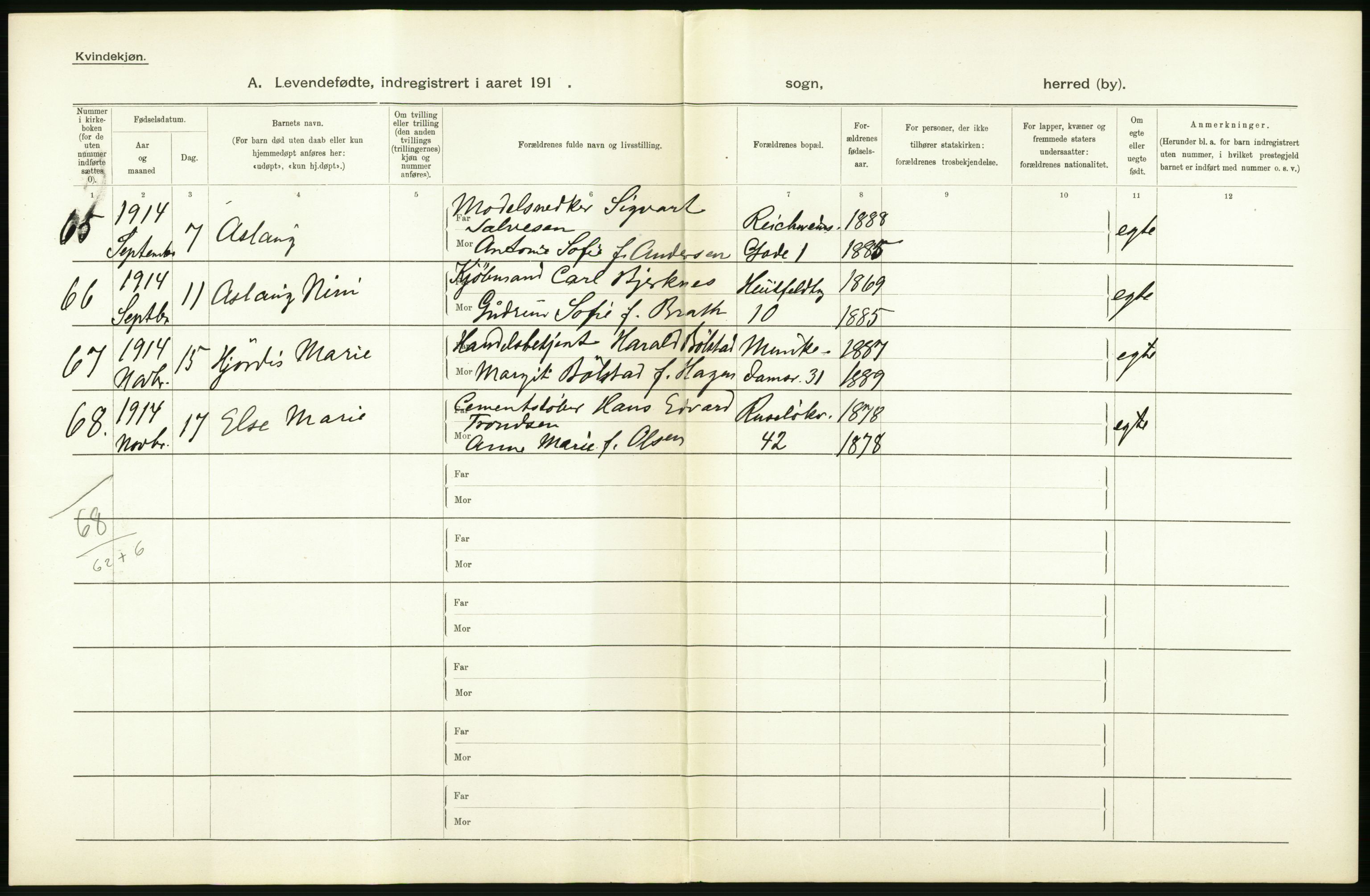 Statistisk sentralbyrå, Sosiodemografiske emner, Befolkning, AV/RA-S-2228/D/Df/Dfb/Dfbd/L0006: Kristiania: Levendefødte menn og kvinner., 1914, p. 24