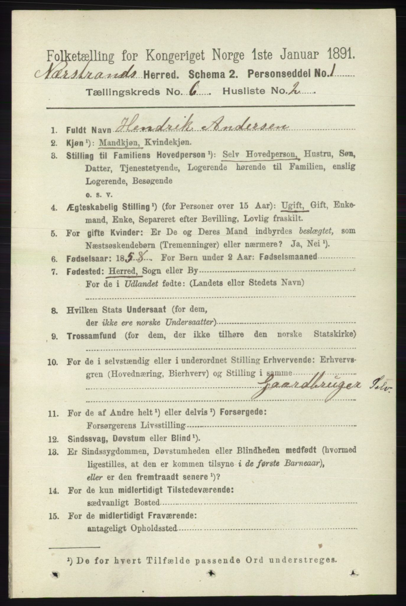 RA, 1891 census for 1139 Nedstrand, 1891, p. 1030