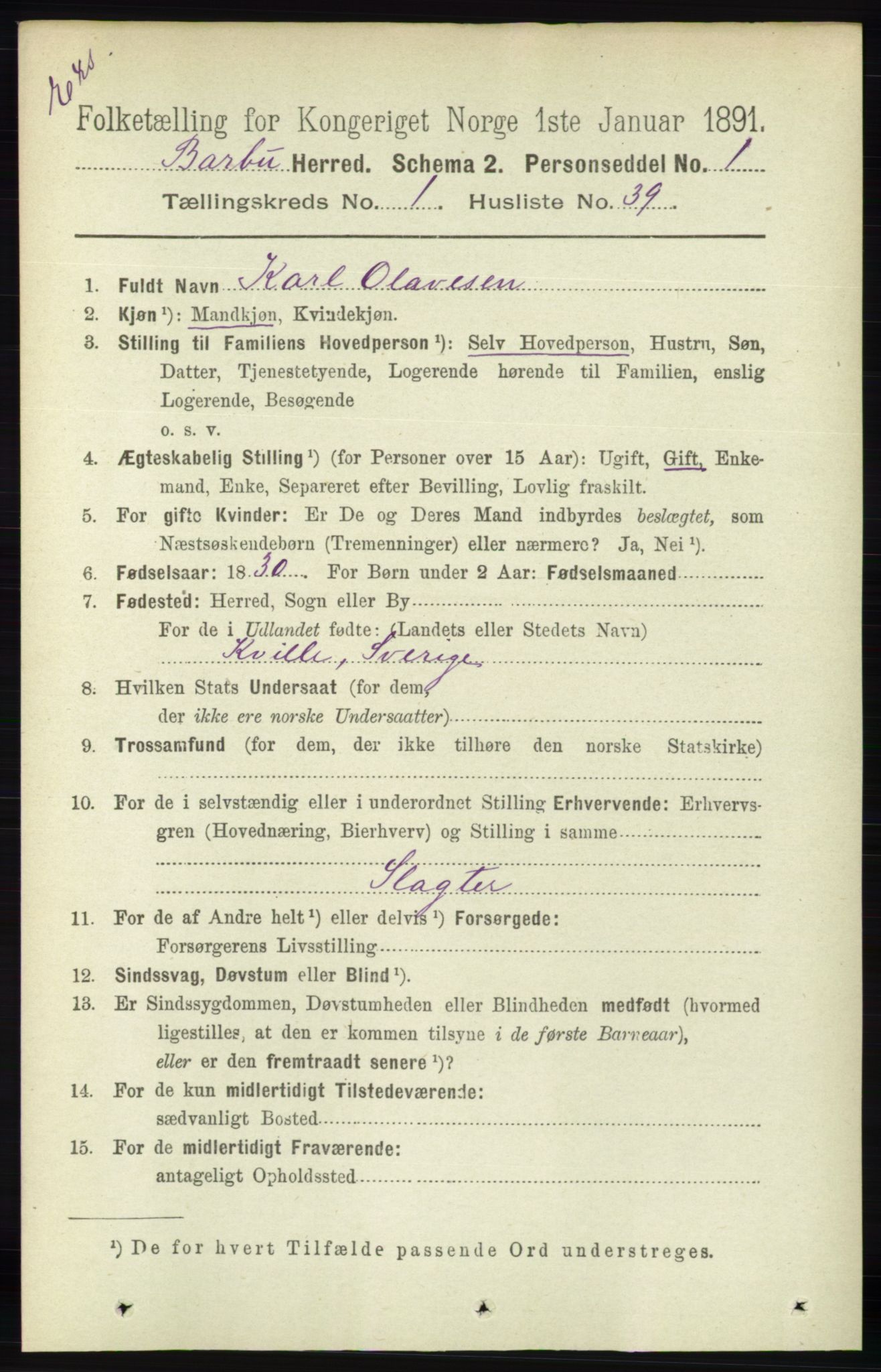 RA, Census 1891 for Nedenes amt: Gjenparter av personsedler for beslektede ektefeller, menn, 1891, p. 507