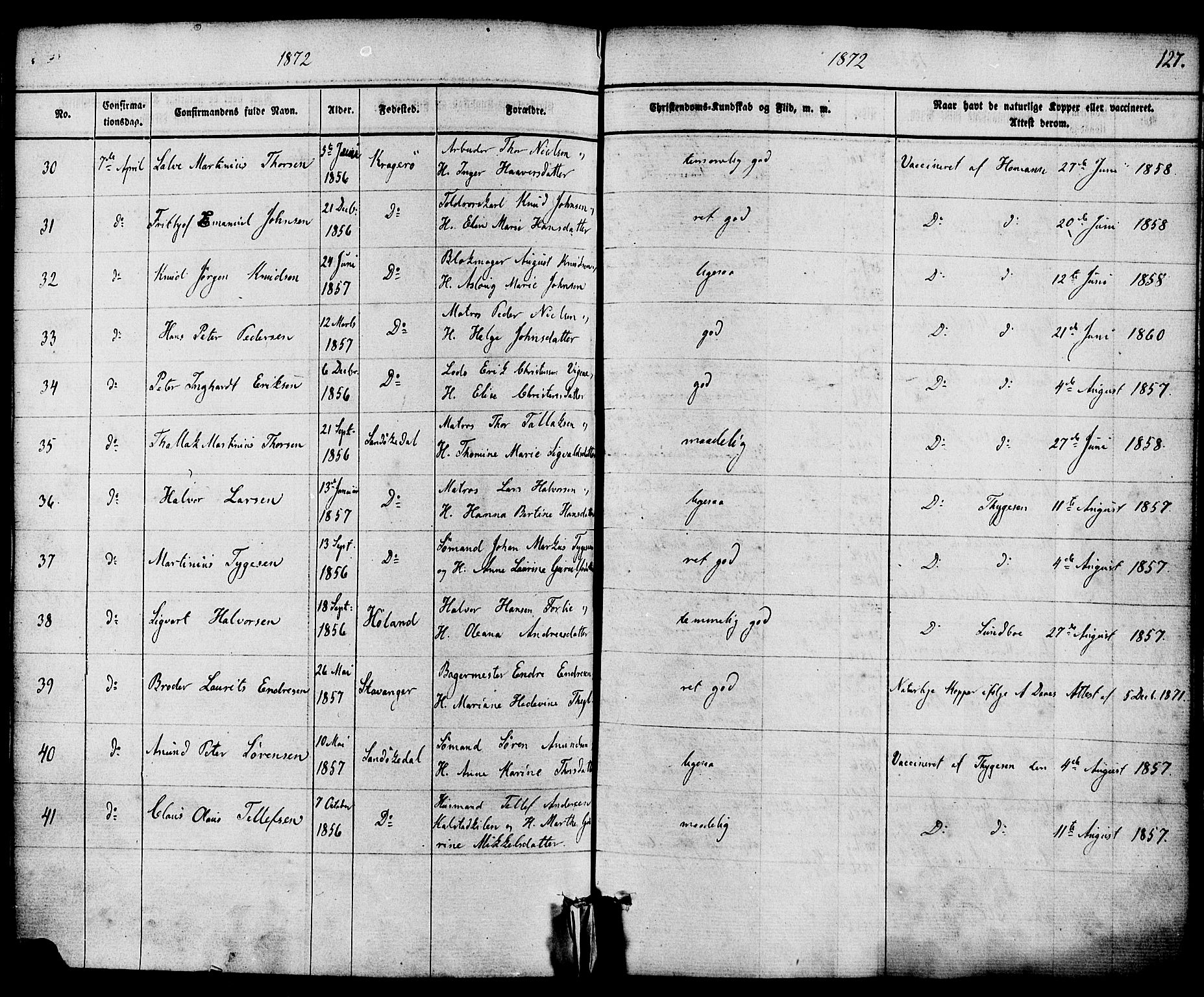 Kragerø kirkebøker, AV/SAKO-A-278/F/Fa/L0008: Parish register (official) no. 8, 1856-1880, p. 127