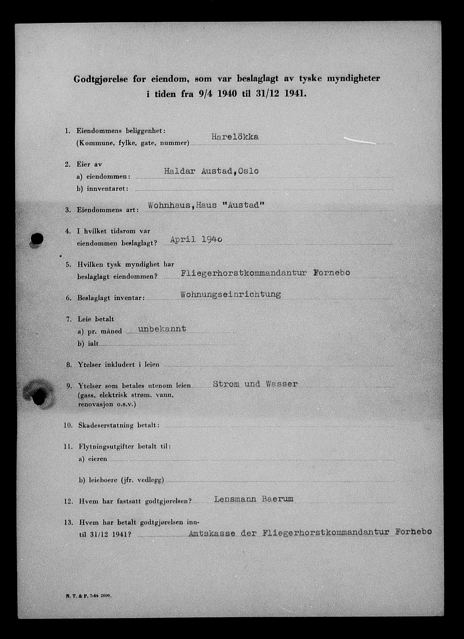 Justisdepartementet, Tilbakeføringskontoret for inndratte formuer, AV/RA-S-1564/I/L1010: Godtgjørelse for beslaglagt eiendom, 1940-1941, p. 149