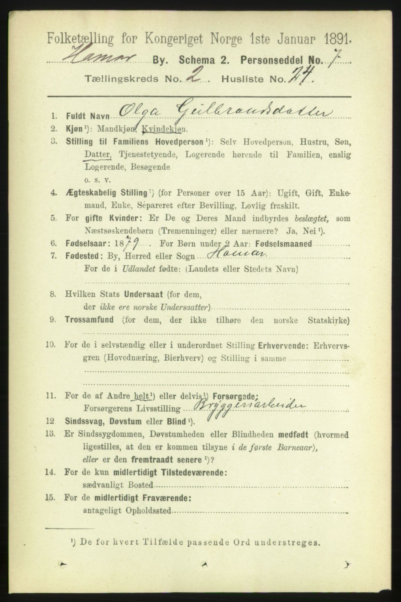 RA, 1891 census for 0401 Hamar, 1891, p. 1337