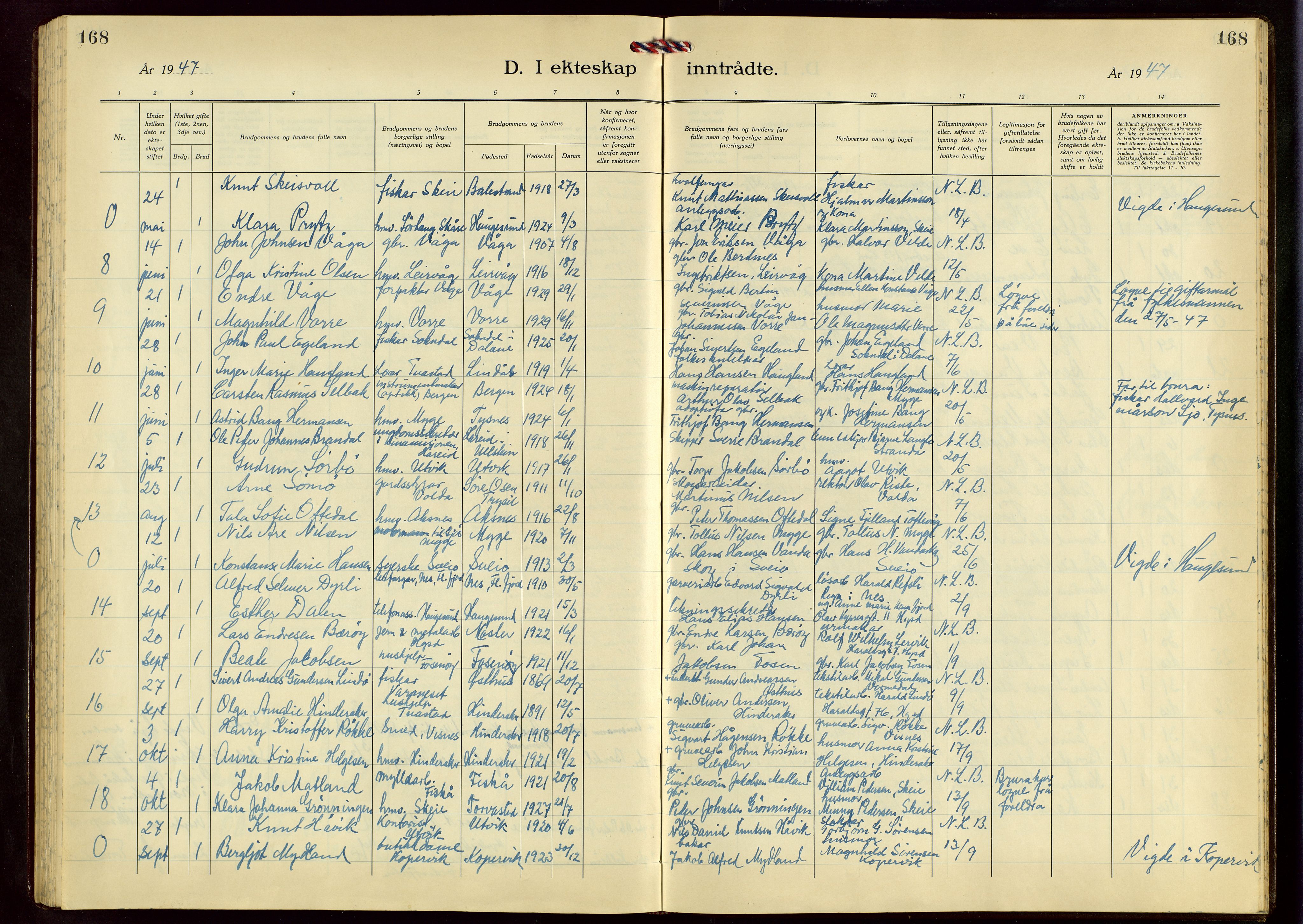 Avaldsnes sokneprestkontor, AV/SAST-A -101851/H/Ha/Hab/L0009: Parish register (copy) no. B 9, 1940-1958, p. 168