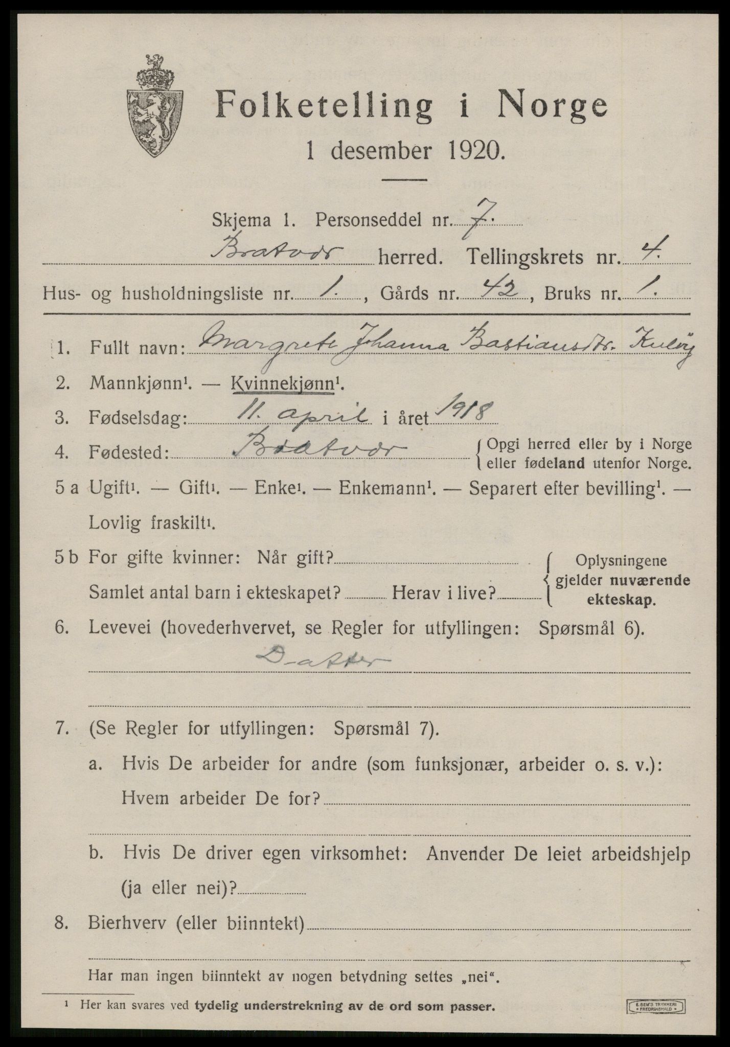 SAT, 1920 census for Brattvær, 1920, p. 1648