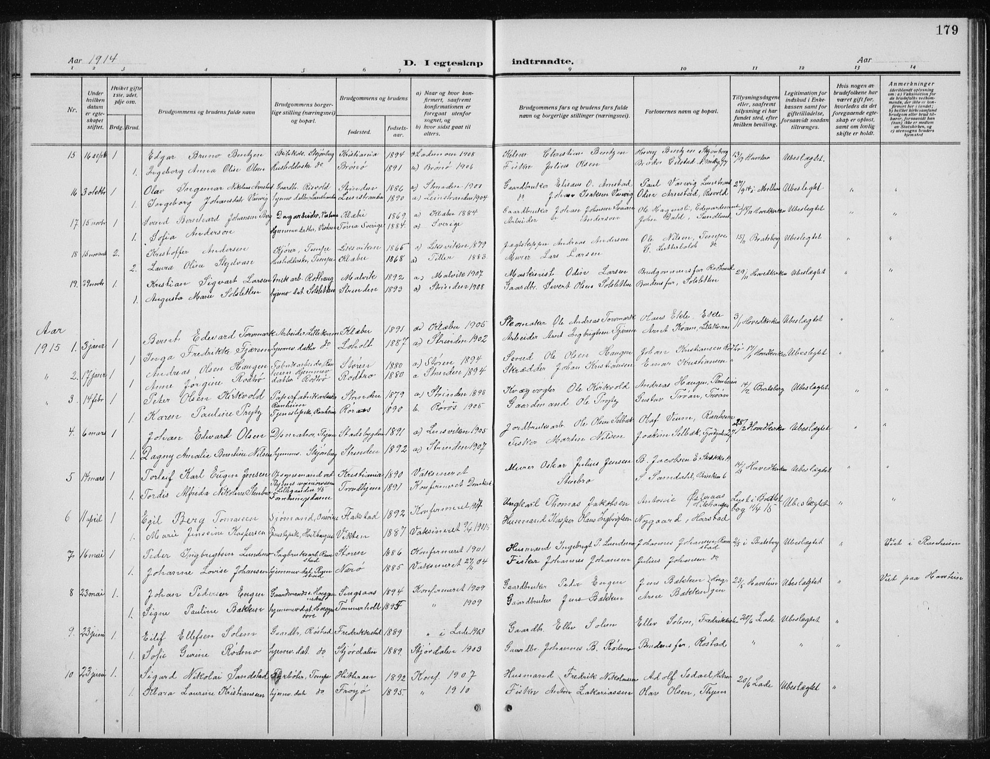 Ministerialprotokoller, klokkerbøker og fødselsregistre - Sør-Trøndelag, AV/SAT-A-1456/606/L0314: Parish register (copy) no. 606C10, 1911-1937, p. 179
